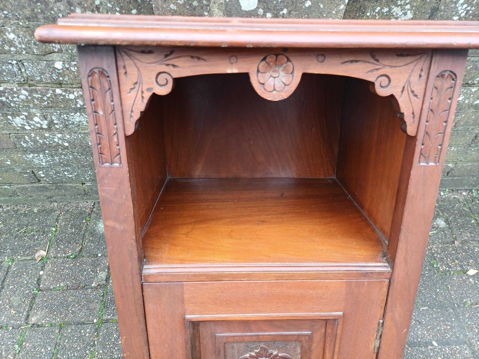 photo for sale Victorian Mahogany Pot Cupboard Bedside Cabinet Antique Edwardian Nightstand Carved Flower Door Solid Wood Side Table
