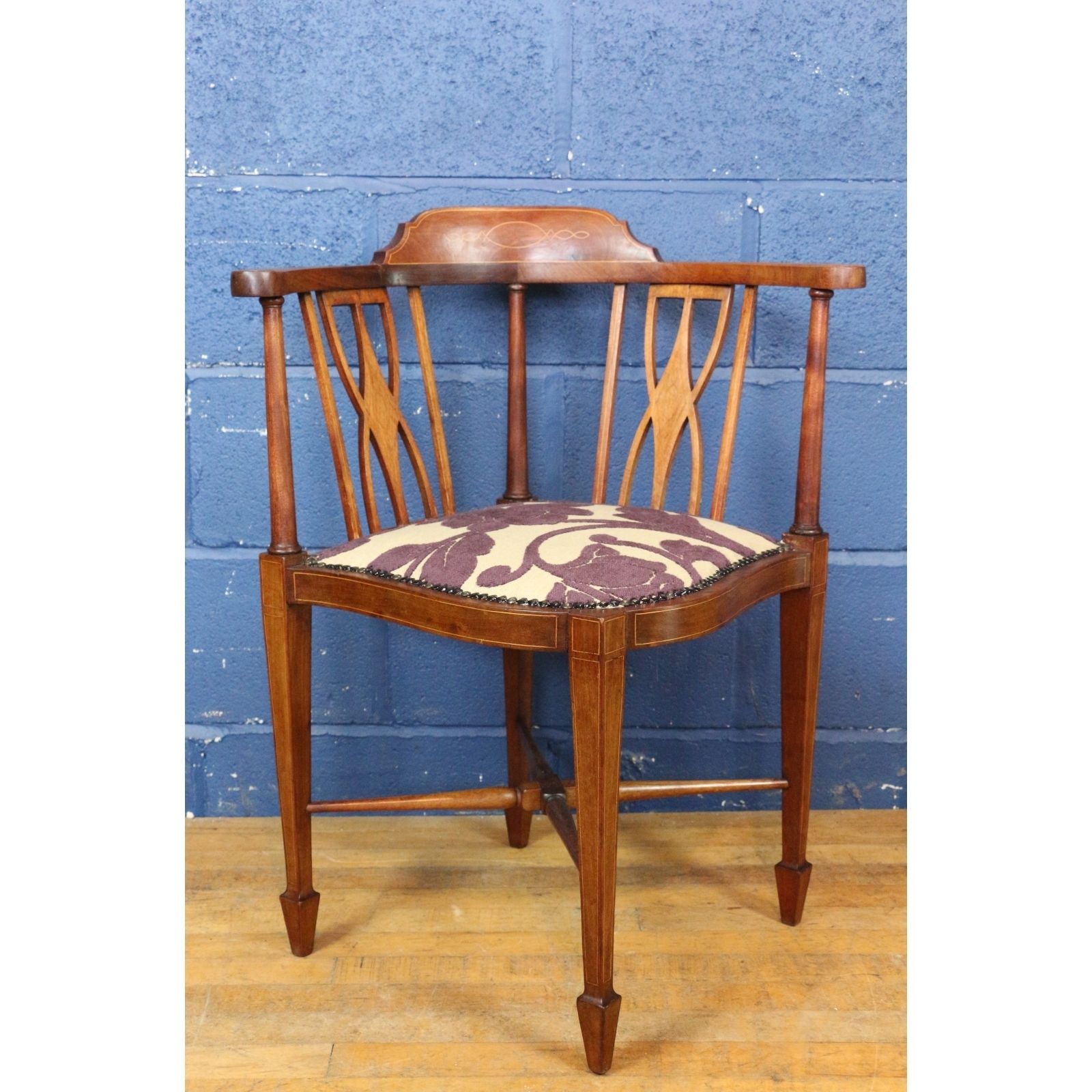 An Edwardian Inlaid Mahogany Serpentine Fronted Corner Chair Freshly Reupholstered