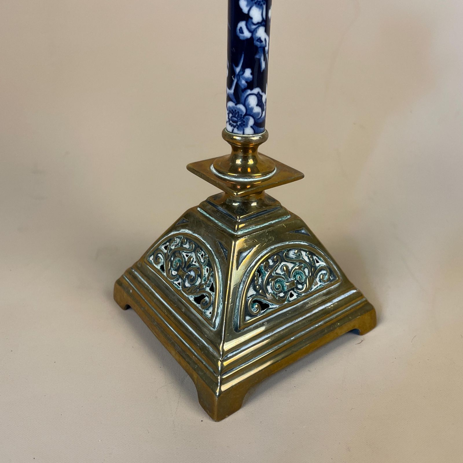 Antique Style Gold Brass Metal & Ceramic Candlestick Candle Holder Ornate Single Square Base Table Display Individual. photo for sale