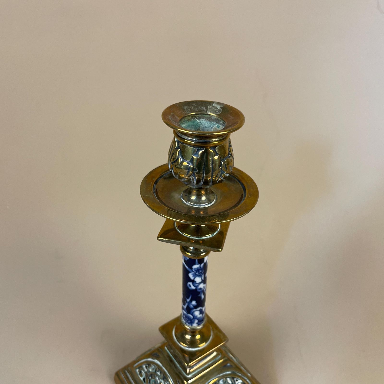 Antique Style Gold Brass Metal & Ceramic Candlestick Candle Holder Ornate Single Square Base Table Display Individual. photo 55.0