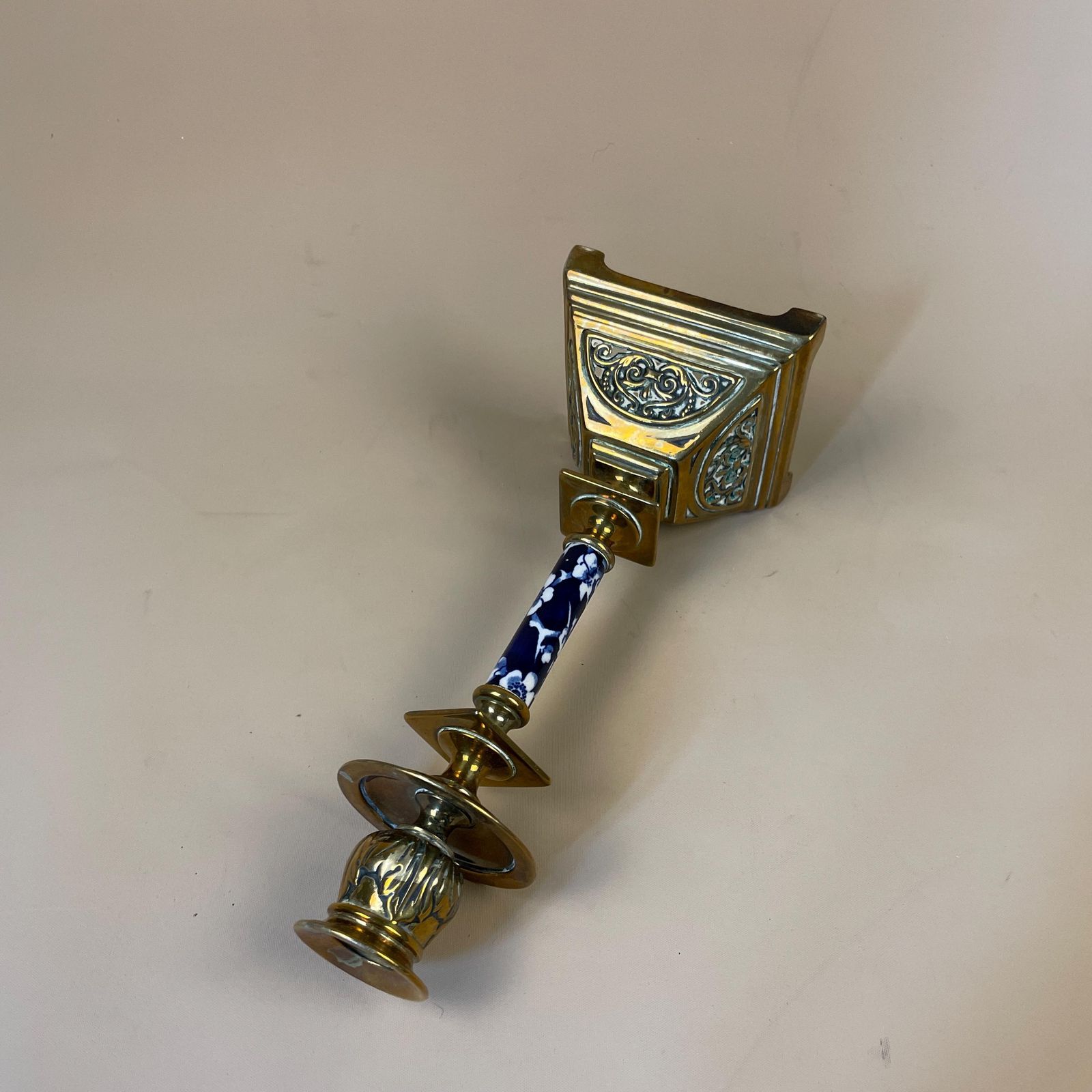 Antique Style Gold Brass Metal & Ceramic Candlestick Candle Holder Ornate Single Square Base Table Display Individual. photo vinterior