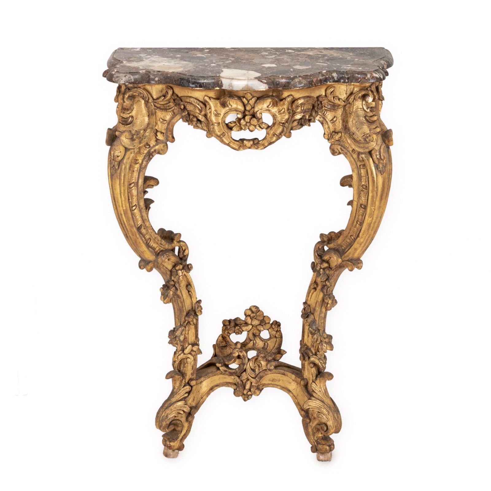 C19th Rococo Revival Giltwood Console Table With Breccia Marble Top, C.1840 1860