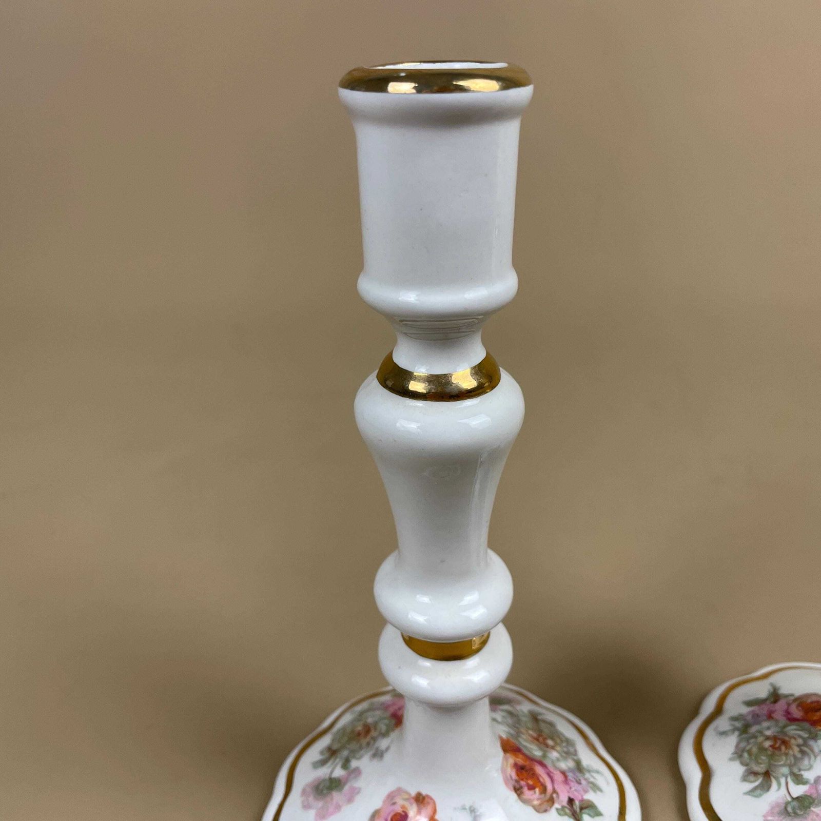 Pair Matching Ceramic Candlestick Holders Floral Royal Winton Pottery Scalloped Base White Pink Flowers Gold Rims Candle Holders Mantle photo Home Decor