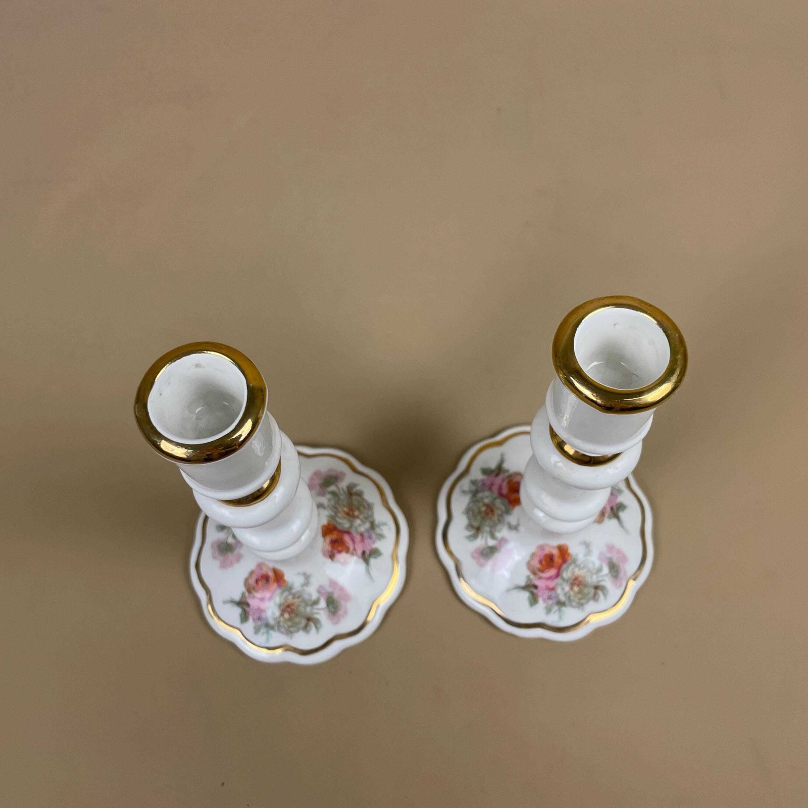 Pair Matching Ceramic Candlestick Holders Floral Royal Winton Pottery Scalloped Base White Pink Flowers Gold Rims Candle Holders Mantle photo 55.0
