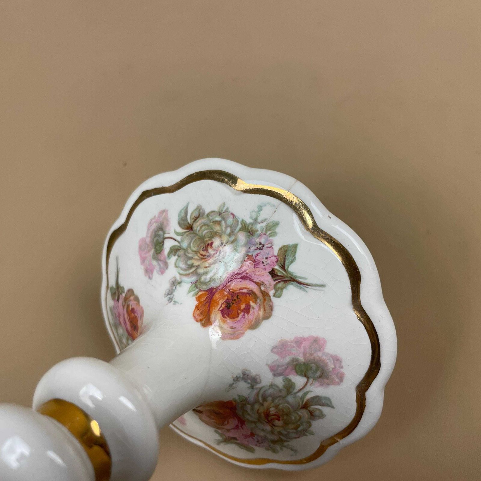 Pair Matching Ceramic Candlestick Holders Floral Royal Winton Pottery Scalloped Base White Pink Flowers Gold Rims Candle Holders Mantle photo buy