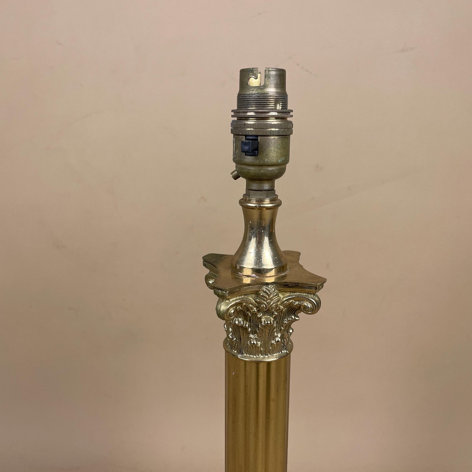 Brass Table Lamp Light Bedside Column Ornate Pillar Gold Metal Antique Style Square Base Cottage Classic Traditional Old photo for sale