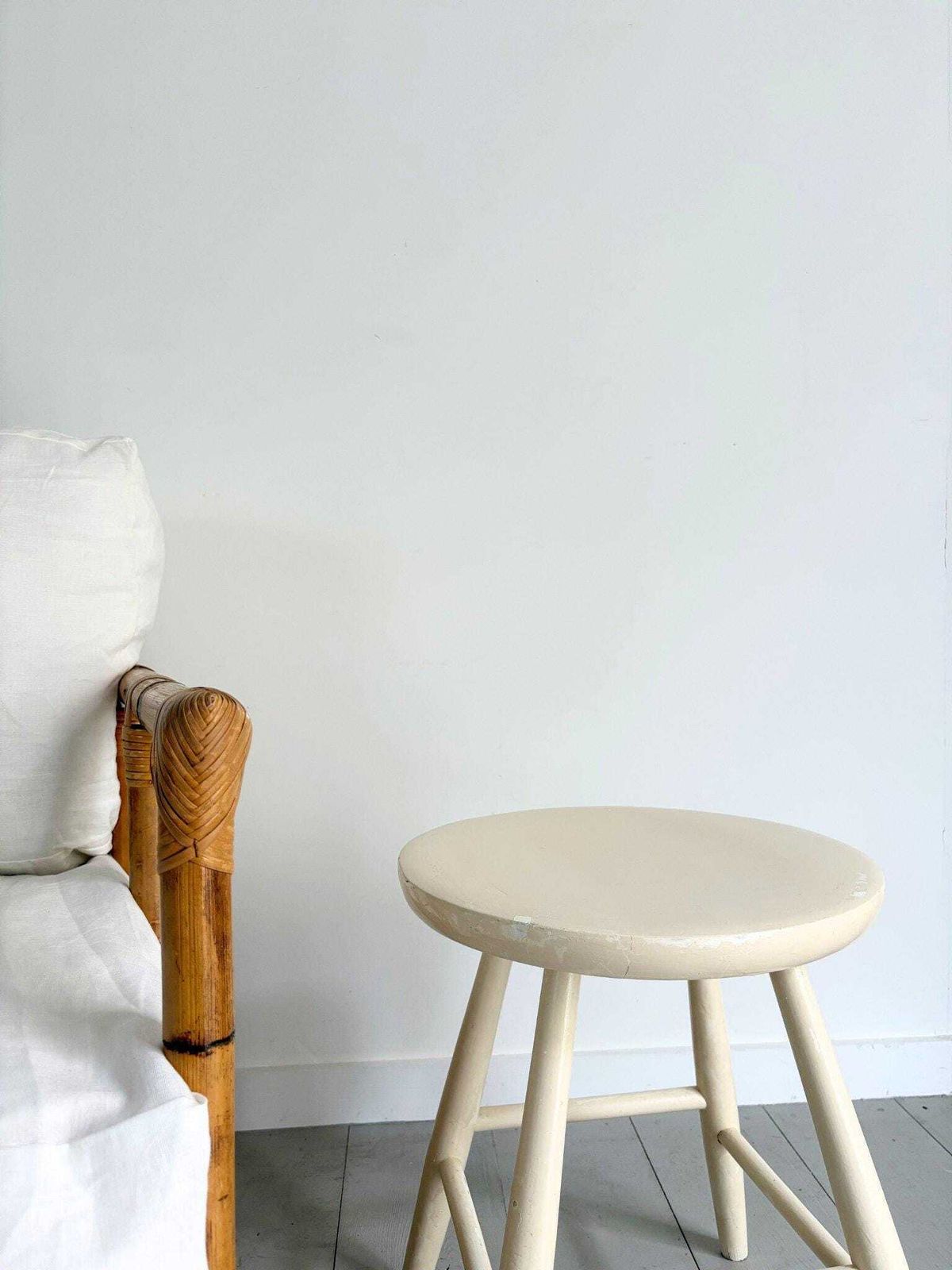 Minimalist Mid Century Wooden Stool In Off White By Kandya photo for sale