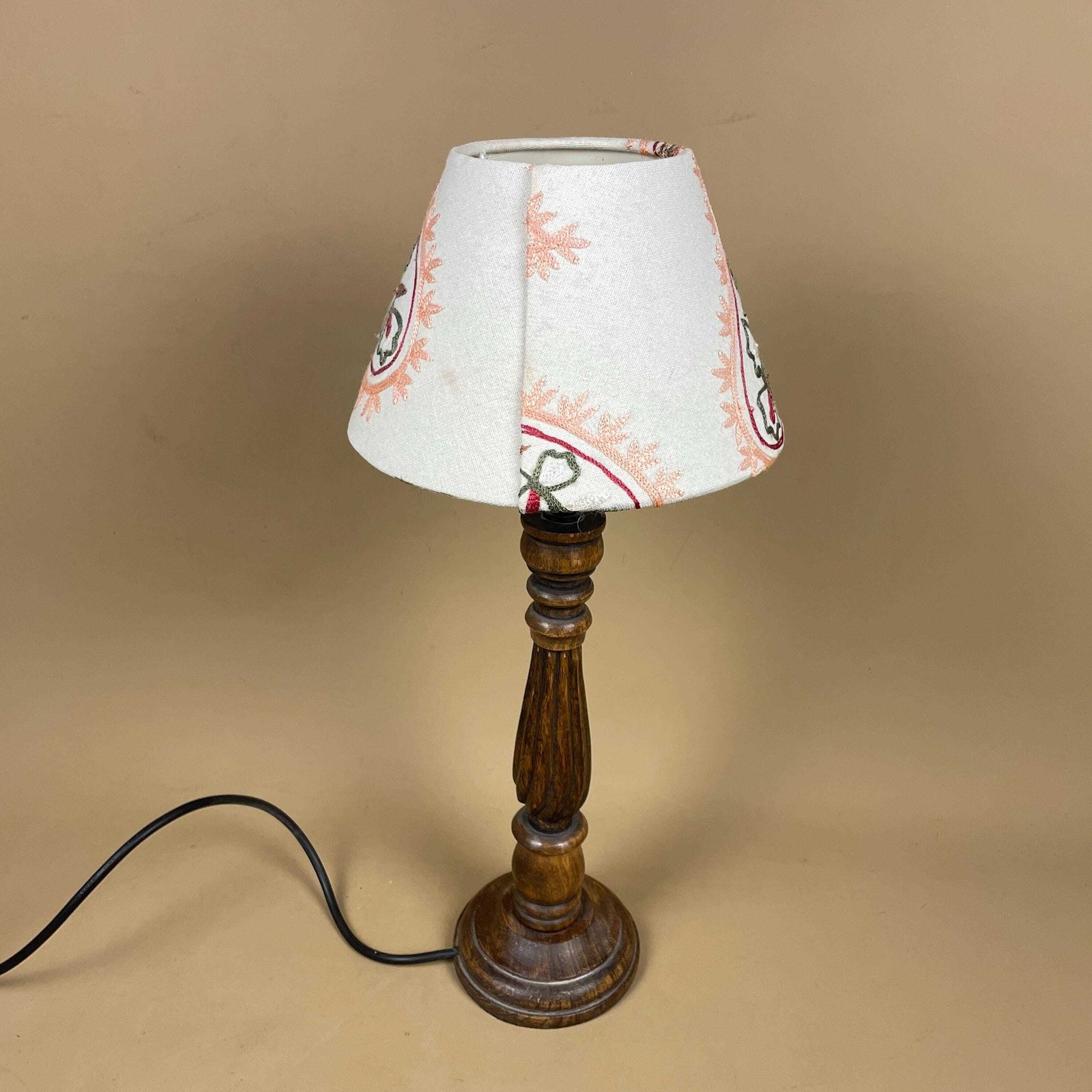 Wooden Table Lamp With Embroidered Shade Vintage Cottage Lighting Classic Bedside Home Accent Lamp Light Handmade Old photo 69.0
