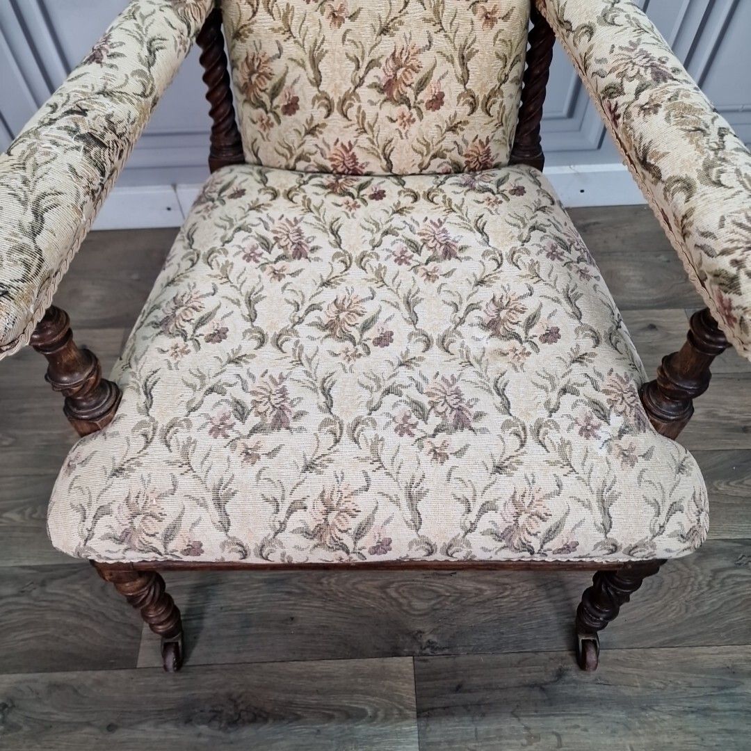 Antique Armchair Barley Twist Chair Upholstered High Back Victorian photo buy