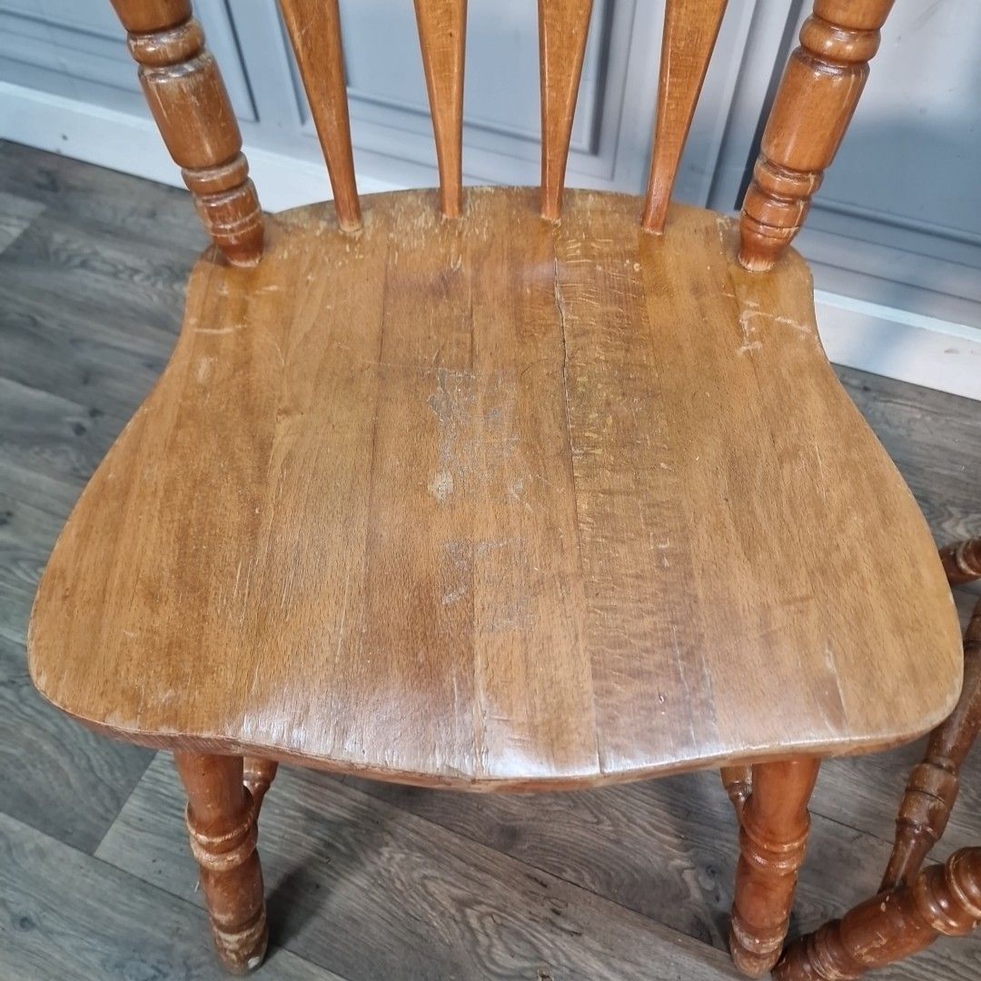 Vintage Dining Chairs Farmhouse Spindle Back – Pair Carved & Turned Wood Retro photo for sale