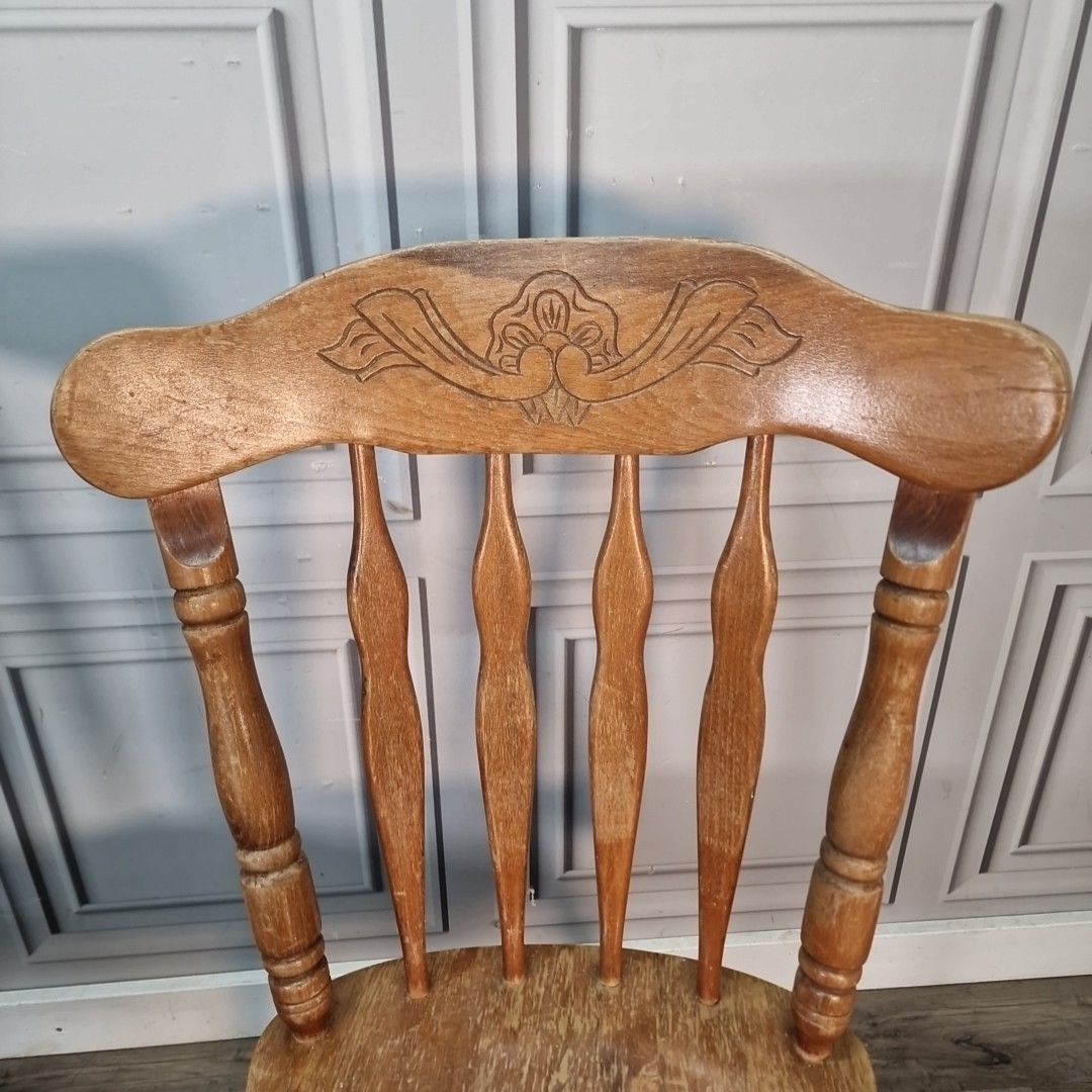 photo for sale Vintage Dining Chairs Farmhouse Spindle Back – Pair Carved & Turned Wood Retro