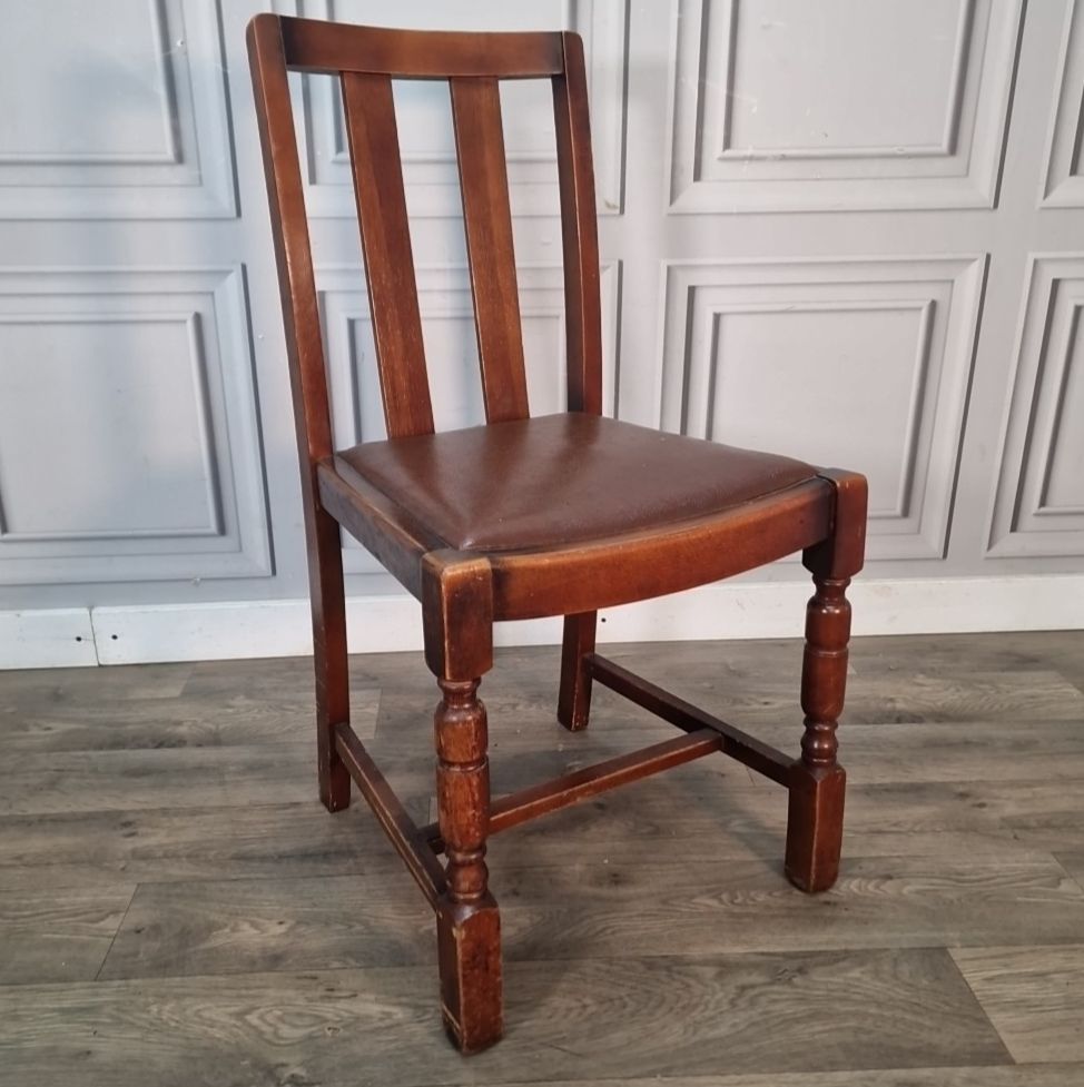 Vintage Wooden Dining Chair – Art Deco Brown Vinyl Seat Rustic Traditional Retro