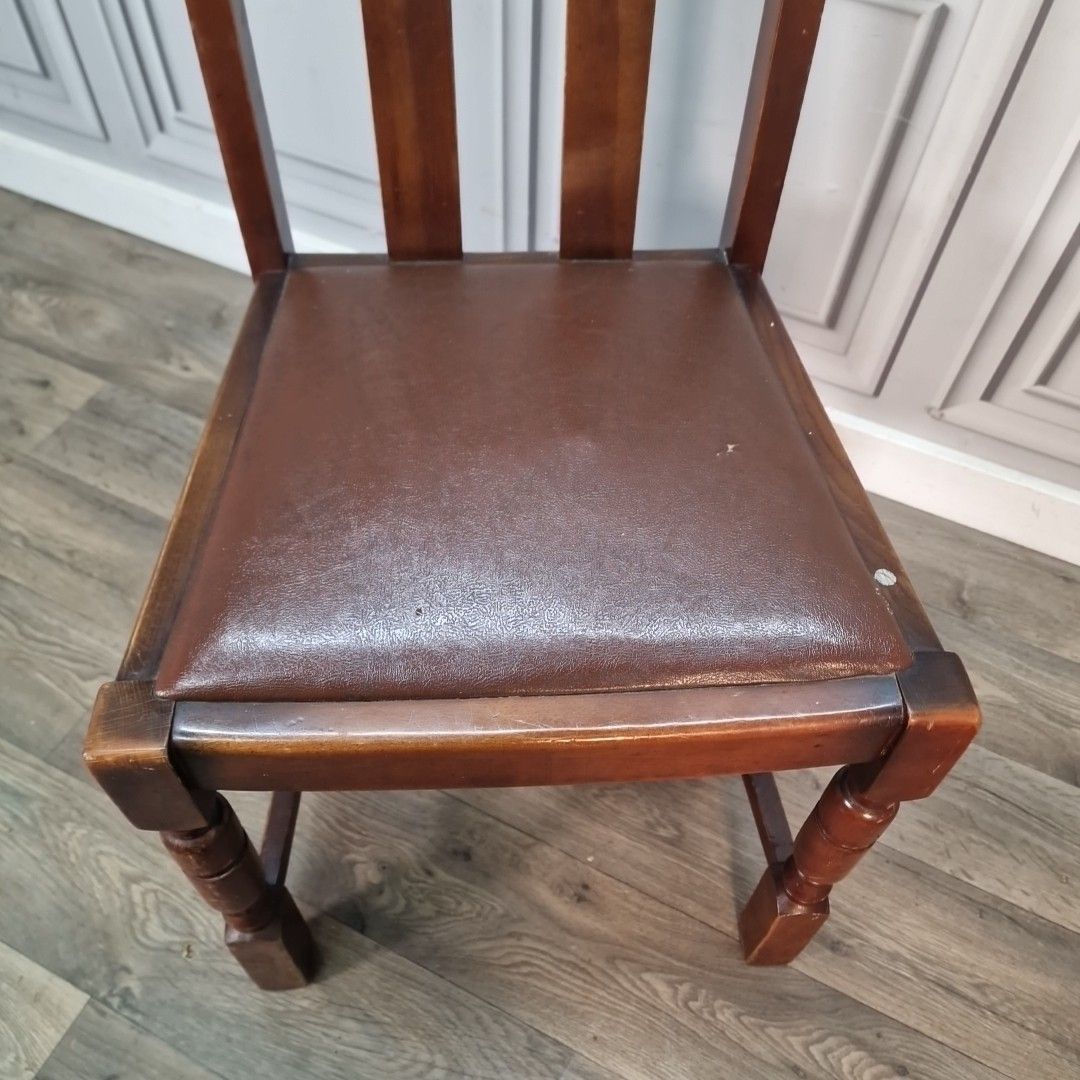 Vintage Wooden Dining Chair – Art Deco Brown Vinyl Seat Rustic Traditional Retro photo for sale