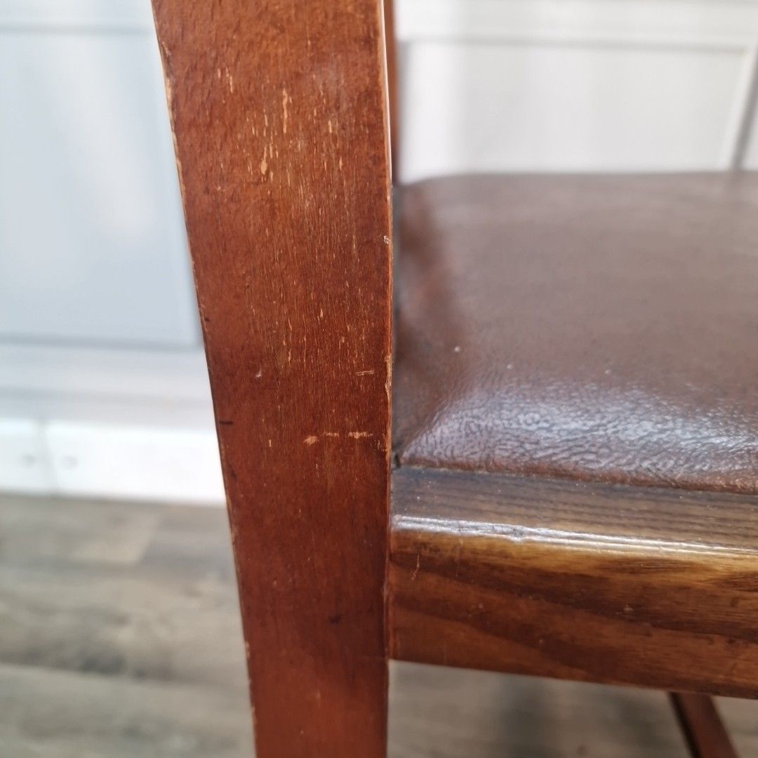 70.0 Vintage Wooden Dining Chair – Art Deco Brown Vinyl Seat Rustic Traditional Retro photo