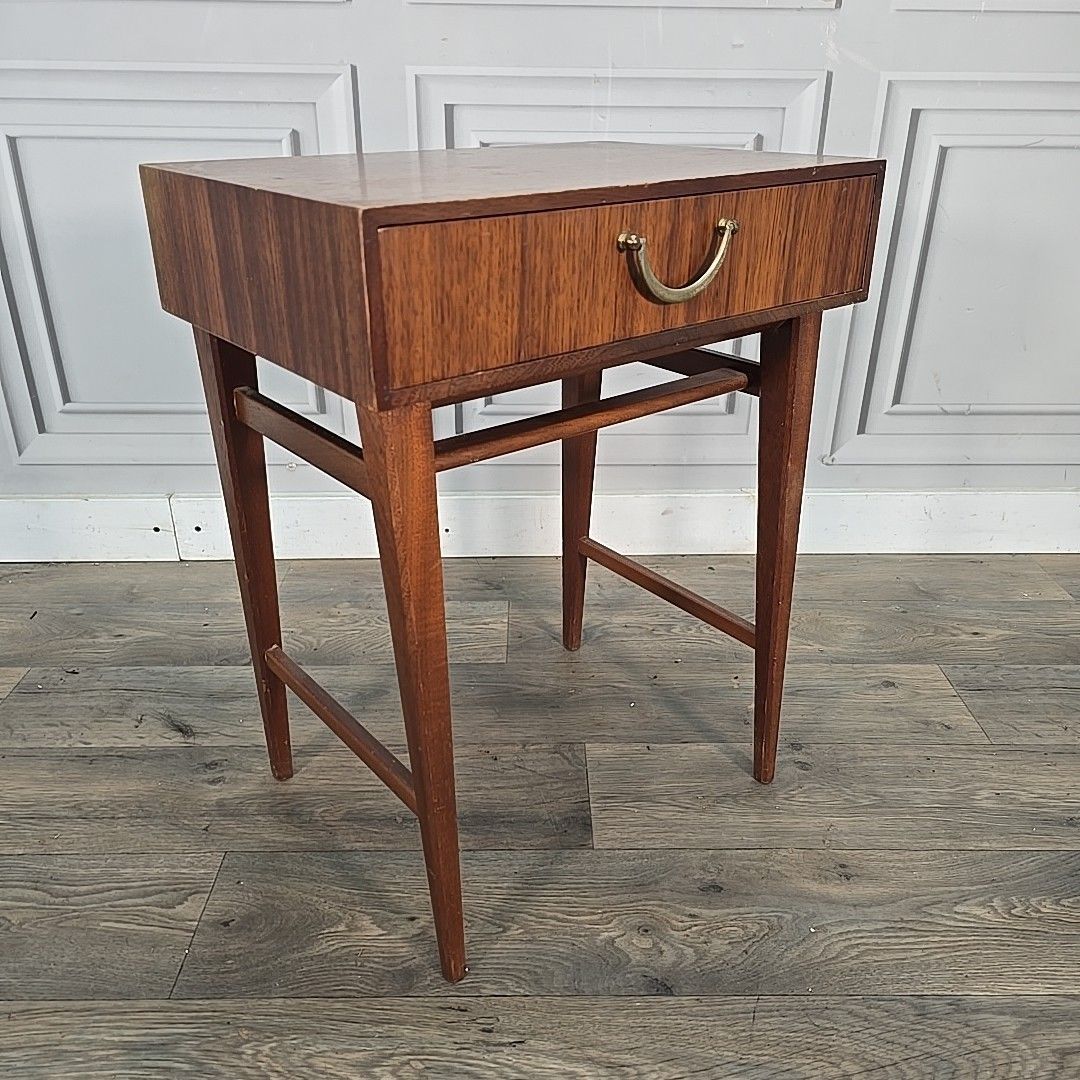 Vintage Meredew Bedside Table – Tola Veneer – Single Drawer Mid Century Side photo furniture