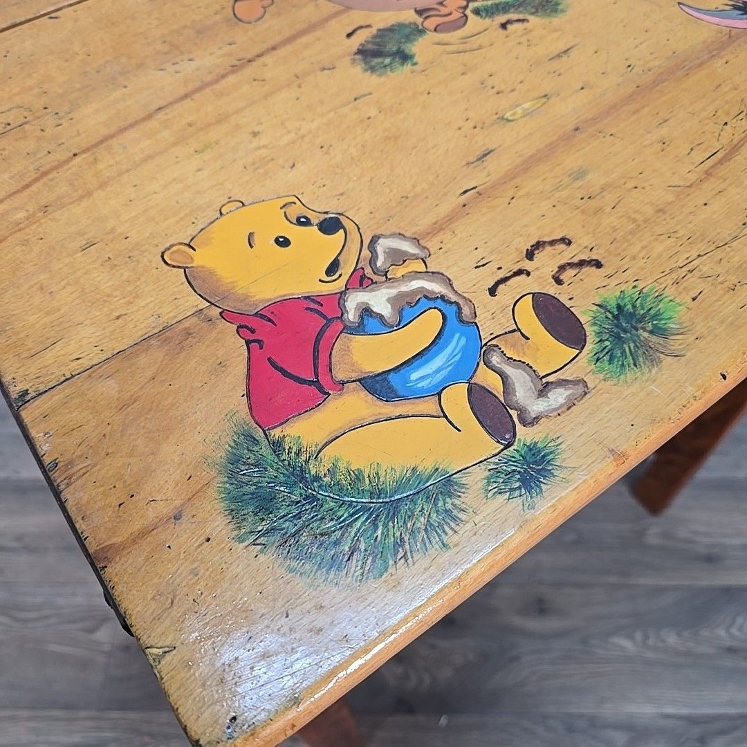 Vintage Child’s School Desk – Wooden Lift Top Storage – Winnie The Pooh Painted photo vinterior