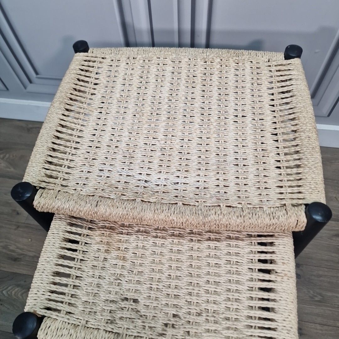 Vintage Nesting Tables Ebonized Danish Cord Woven 1960's Nest Of Stools Retro photo vinterior