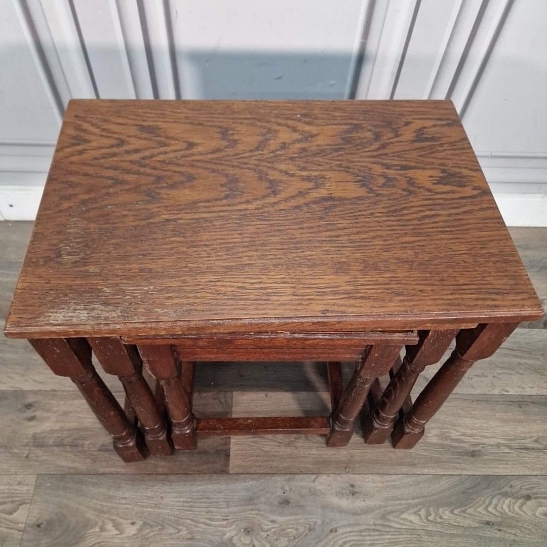 Vintage Nest Of Tables Wooden Oak Turned Legs Rustic Occasional Side Nesting photo Furniture