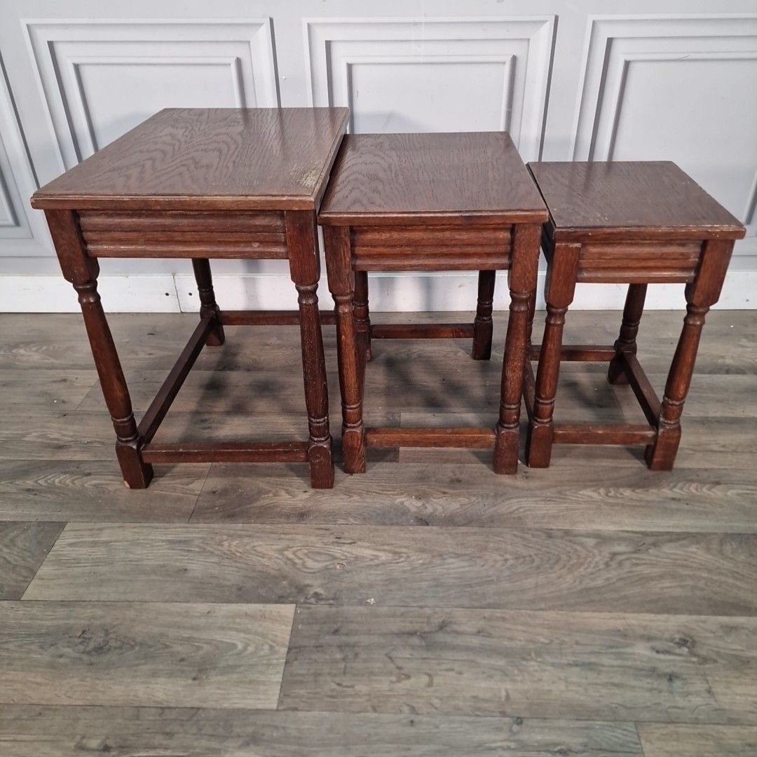 photo for sale Vintage Nest Of Tables Wooden Oak Turned Legs Rustic Occasional Side Nesting
