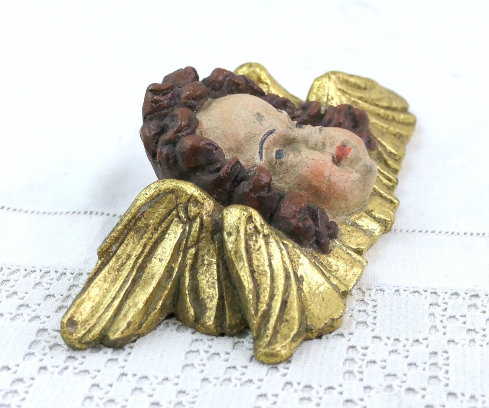 Vintage French Wall Mounted Cherubim Figurine With Gold Gilded Wings, Retro Angel's Head, Putti Cherub Statuette Church Style Decor photo Art