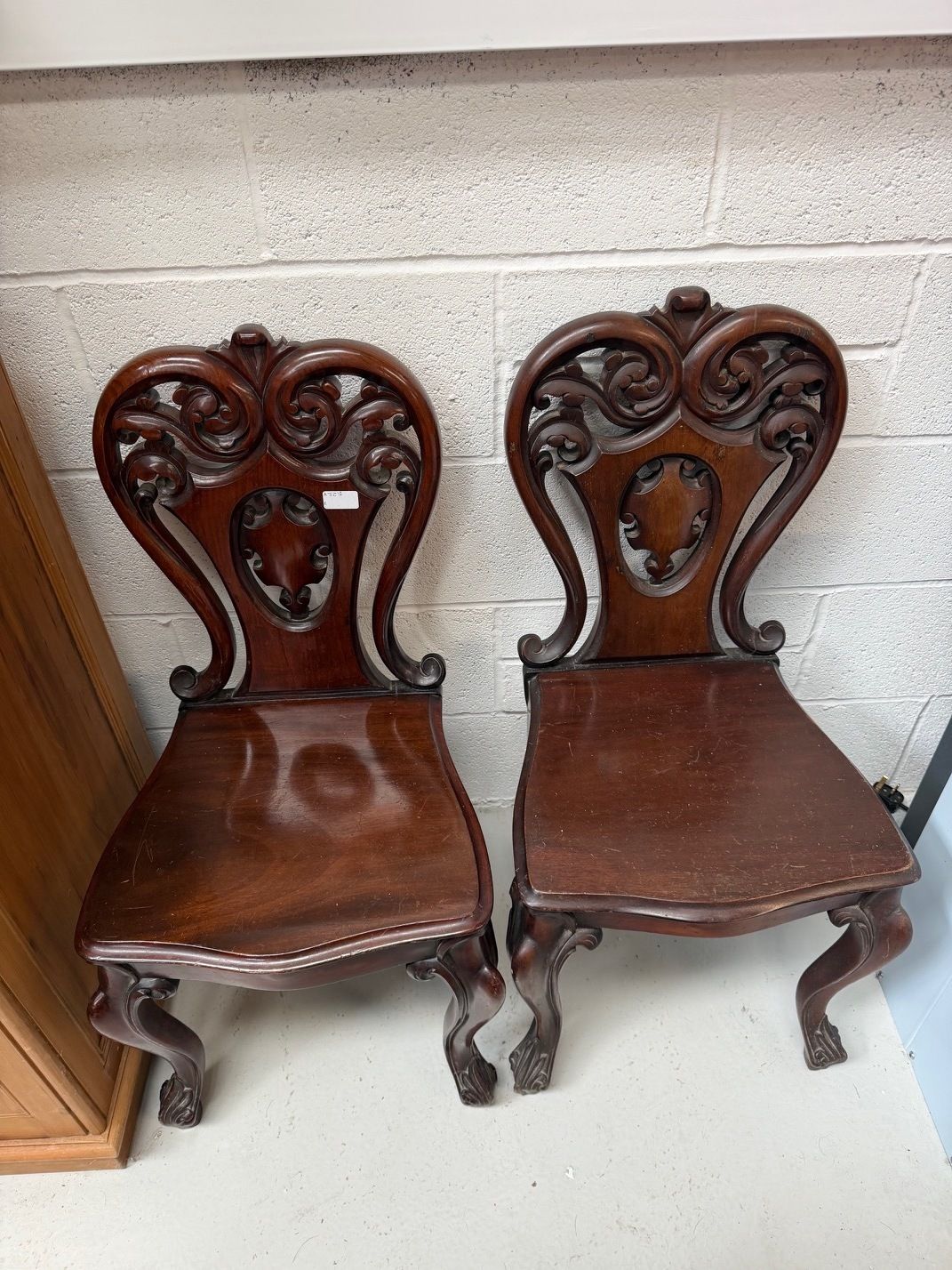Pair Of Antique Mahogany Hall Chairs