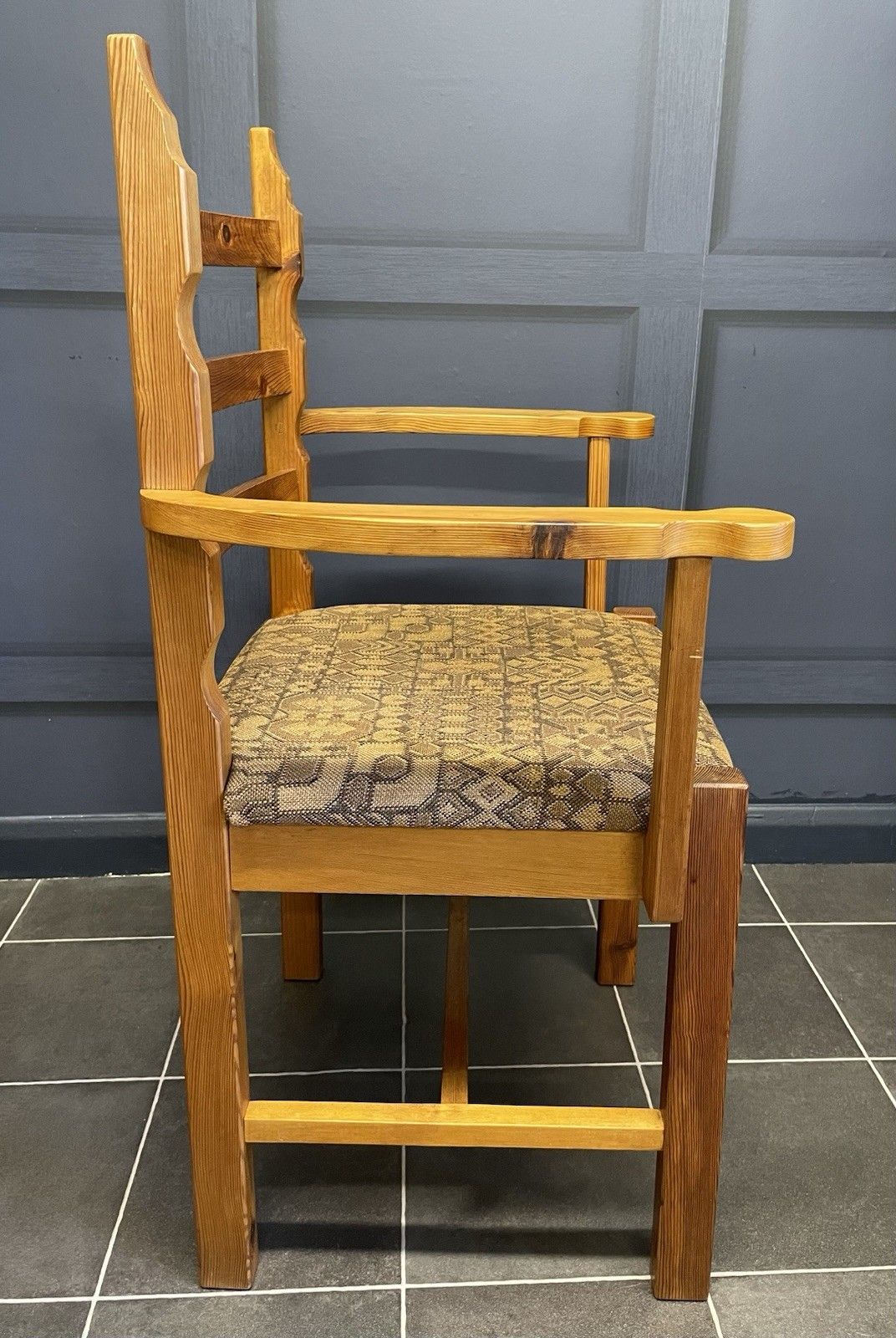 Mid Century Pine Ladder Back Desk Chair Armchair Original Fabric Stamped Js S photo Furniture