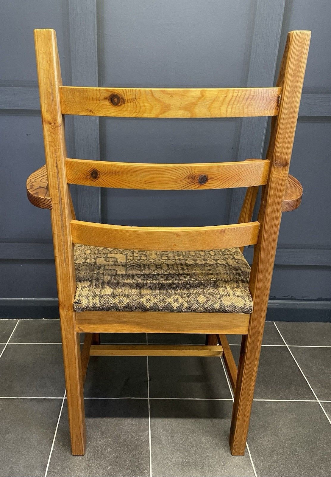 Mid Century Pine Ladder Back Desk Chair Armchair Original Fabric Stamped Js S photo 150.0