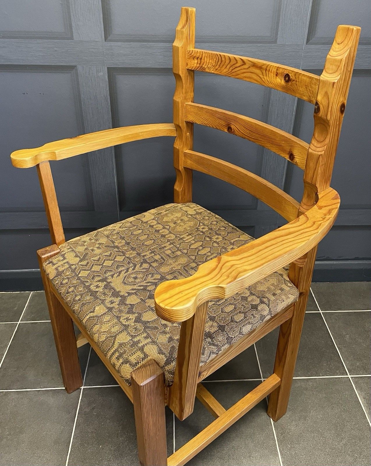 Mid Century Pine Ladder Back Desk Chair Armchair Original Fabric Stamped Js S photo vinterior