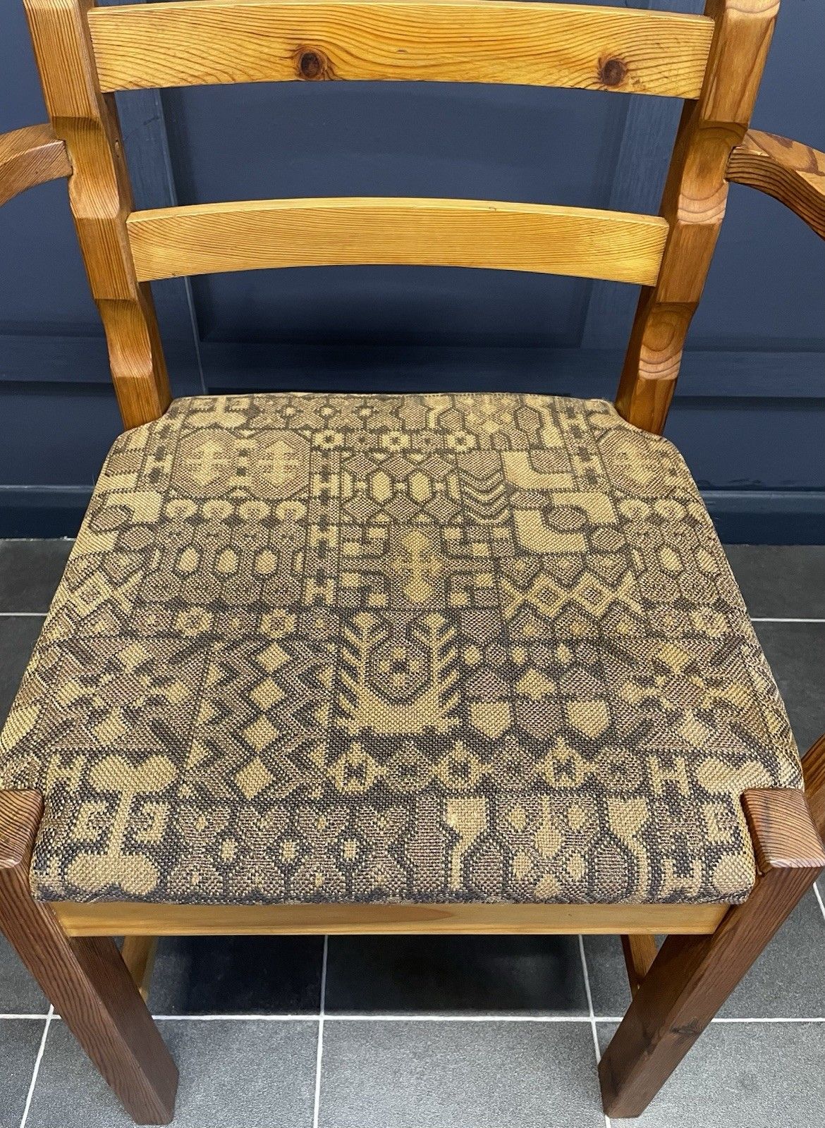 Mid Century Pine Ladder Back Desk Chair Armchair Original Fabric Stamped Js S photo vintage