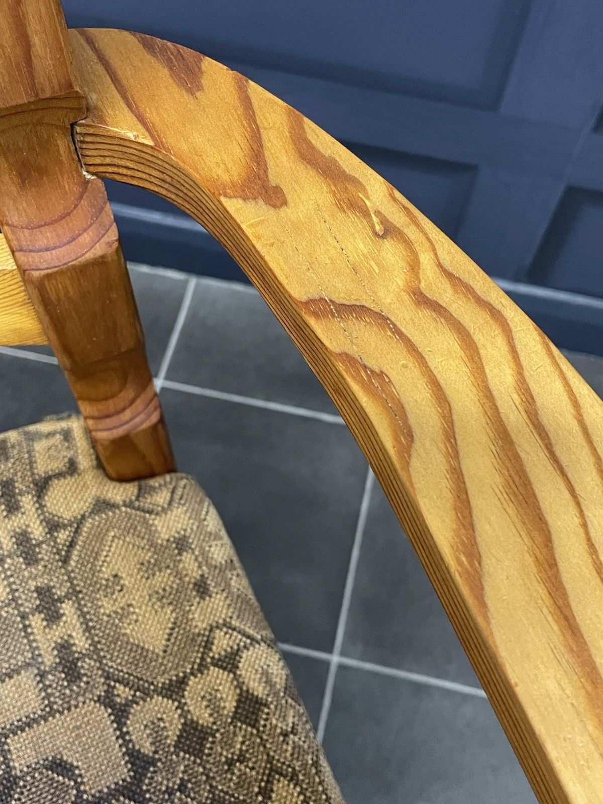 150.0 Mid Century Pine Ladder Back Desk Chair Armchair Original Fabric Stamped Js S photo