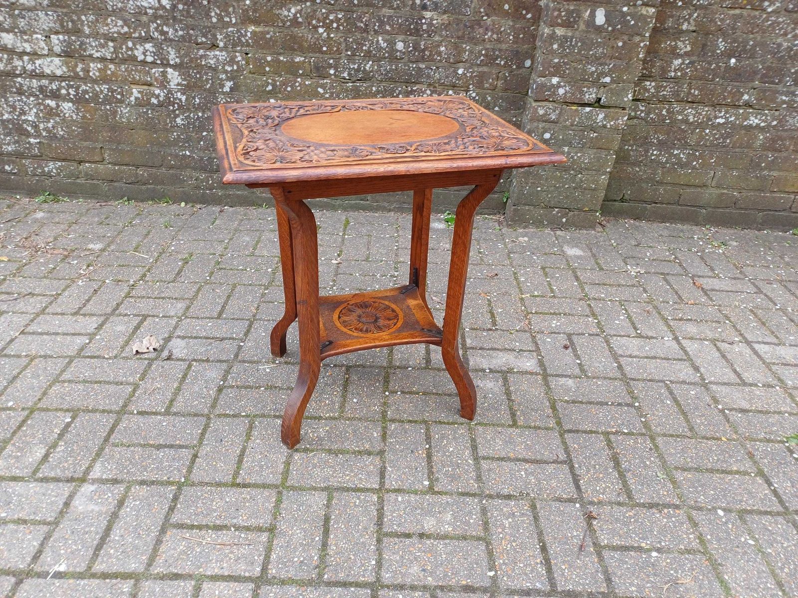 Antique Arts And Crafts Oak Side Table Vintage Hand Carved Floral Oak Occasional Table Early 20th Century photo Furniture