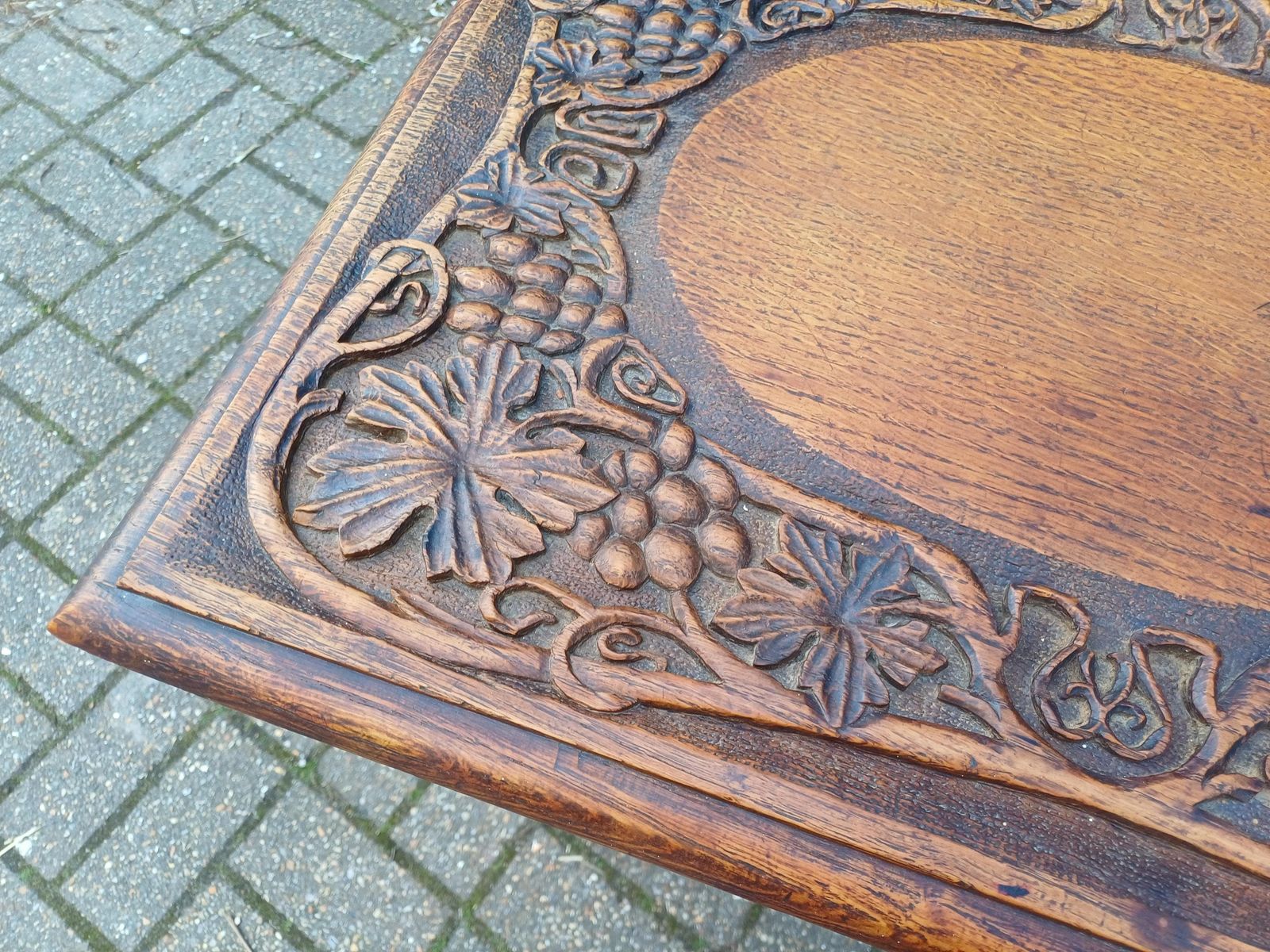photo for sale Antique Arts And Crafts Oak Side Table Vintage Hand Carved Floral Oak Occasional Table Early 20th Century