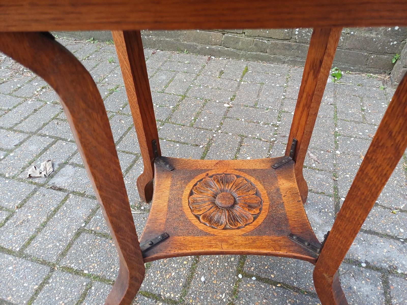 Furniture Antique Arts And Crafts Oak Side Table Vintage Hand Carved Floral Oak Occasional Table Early 20th Century photo