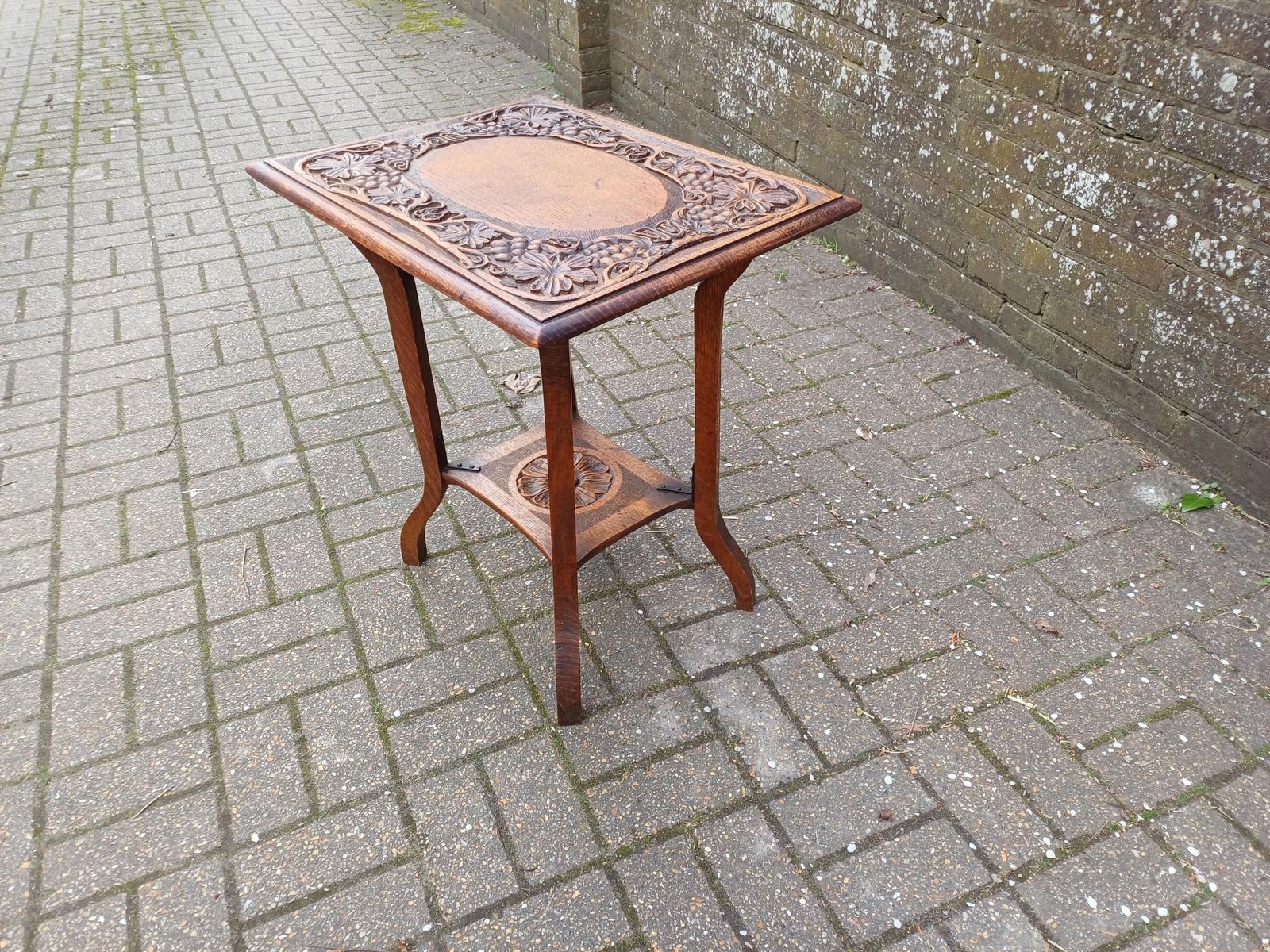 295.0 Antique Arts And Crafts Oak Side Table Vintage Hand Carved Floral Oak Occasional Table Early 20th Century photo