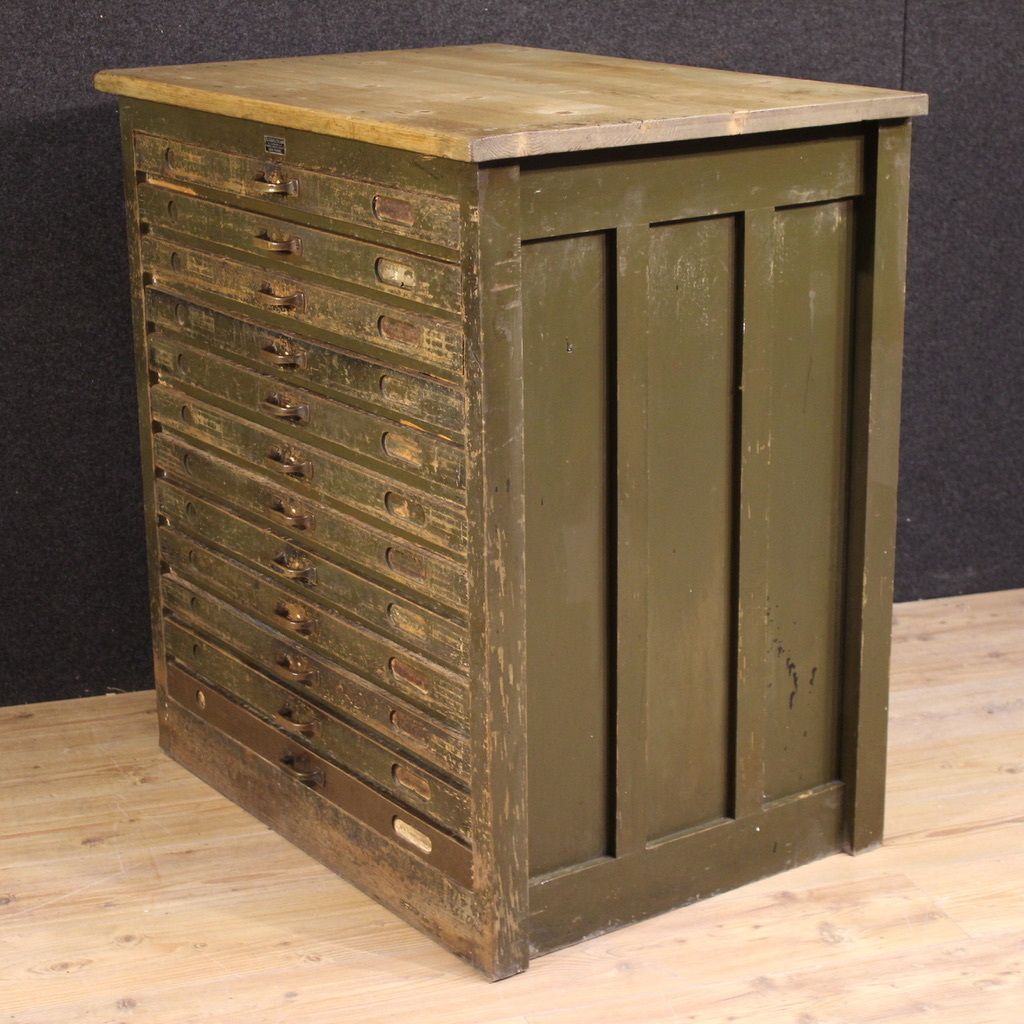 Furniture 20th Century Woodcut Workshop Chest Of Drawers In Lacquered Wood photo