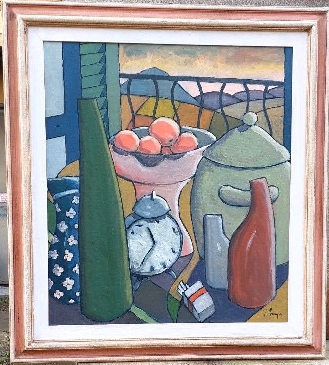 Oil Painting On Canvas Still Life With Alarm Clock "Franco Prayer (1924) 80x70 Cm photo Art