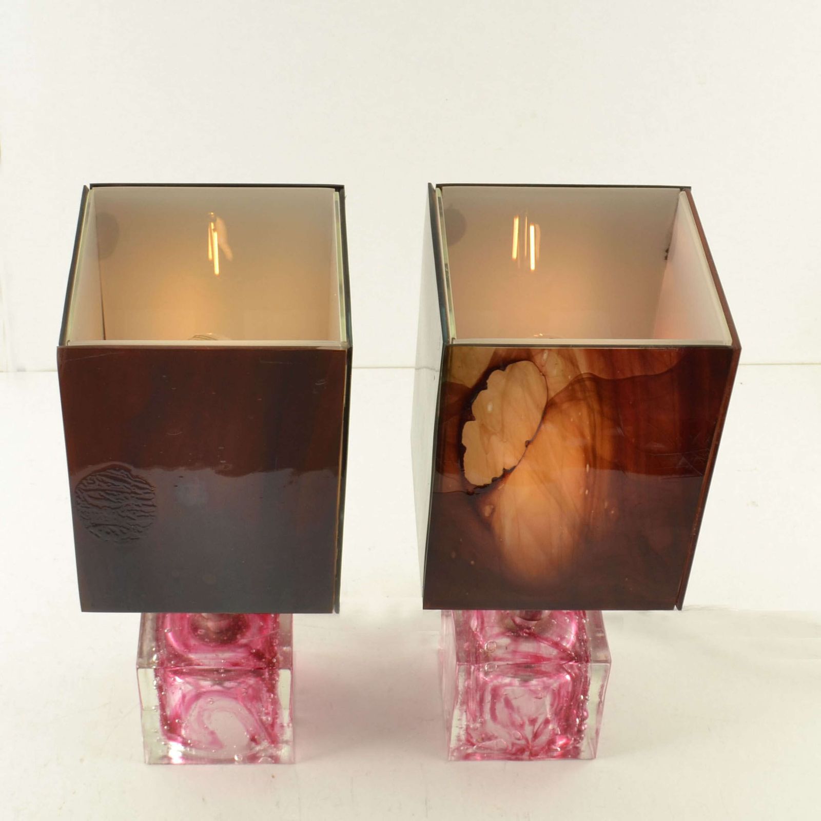 Pair Of Cubic Table Lamps Poliarte Pink Glass 1960 photo for sale
