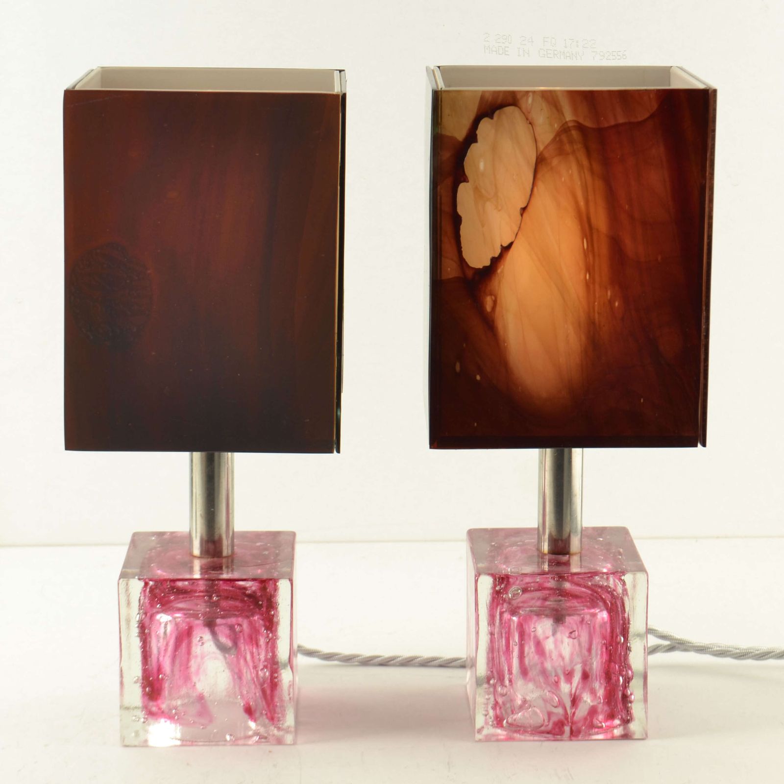 photo for sale Pair Of Cubic Table Lamps Poliarte Pink Glass 1960