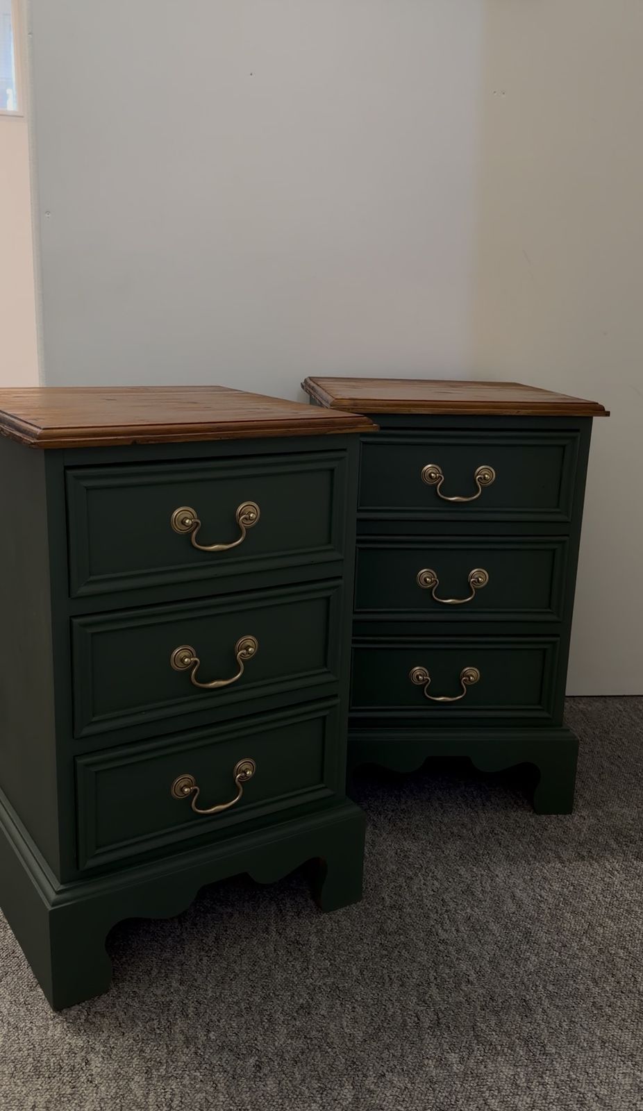 Antique Pine Bedside Tables (Pair) – Cottage Green & Walnut Top, C.1900s