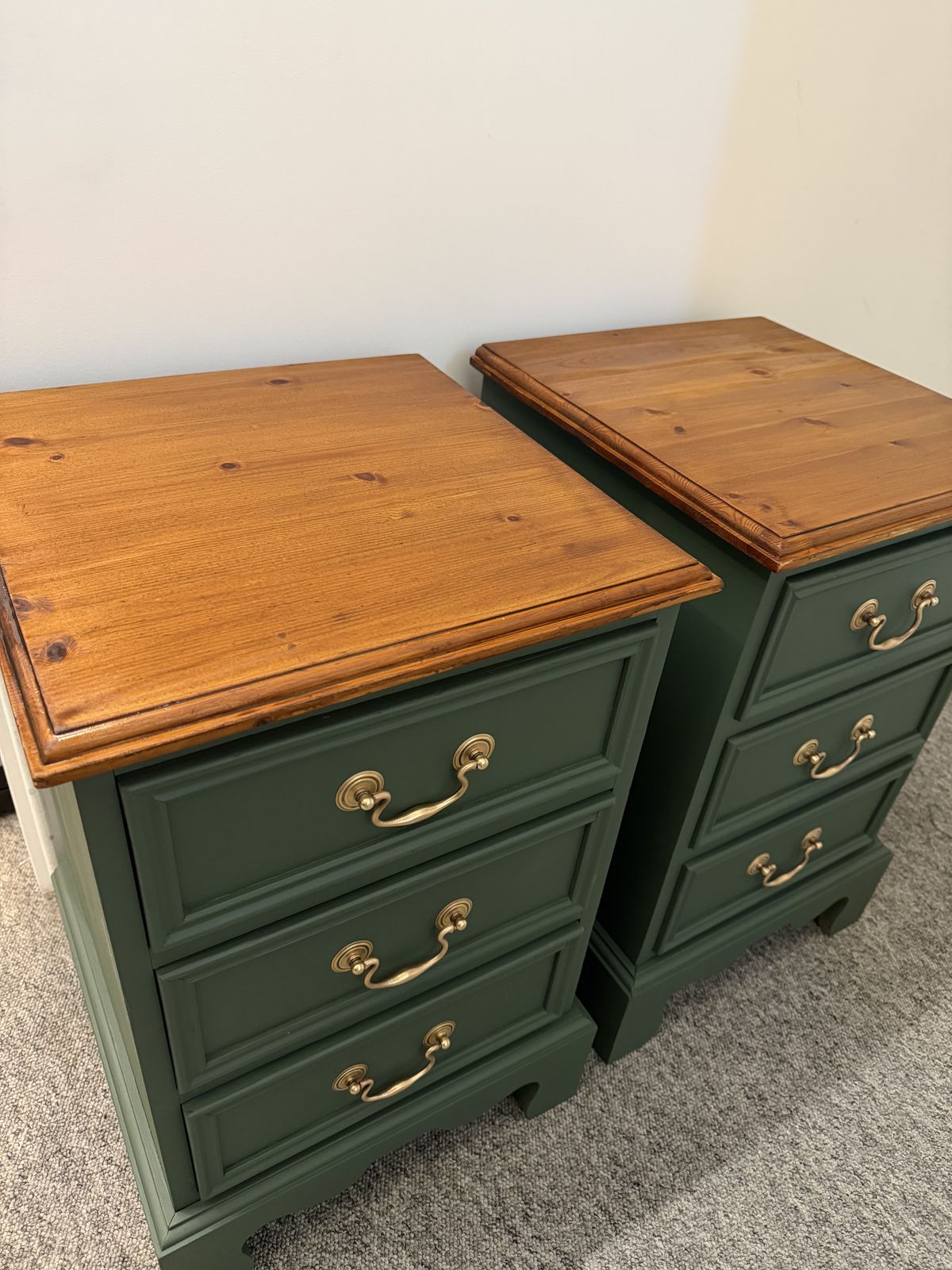 Antique Pine Bedside Tables (Pair) – Cottage Green & Walnut Top, C.1900s photo furniture