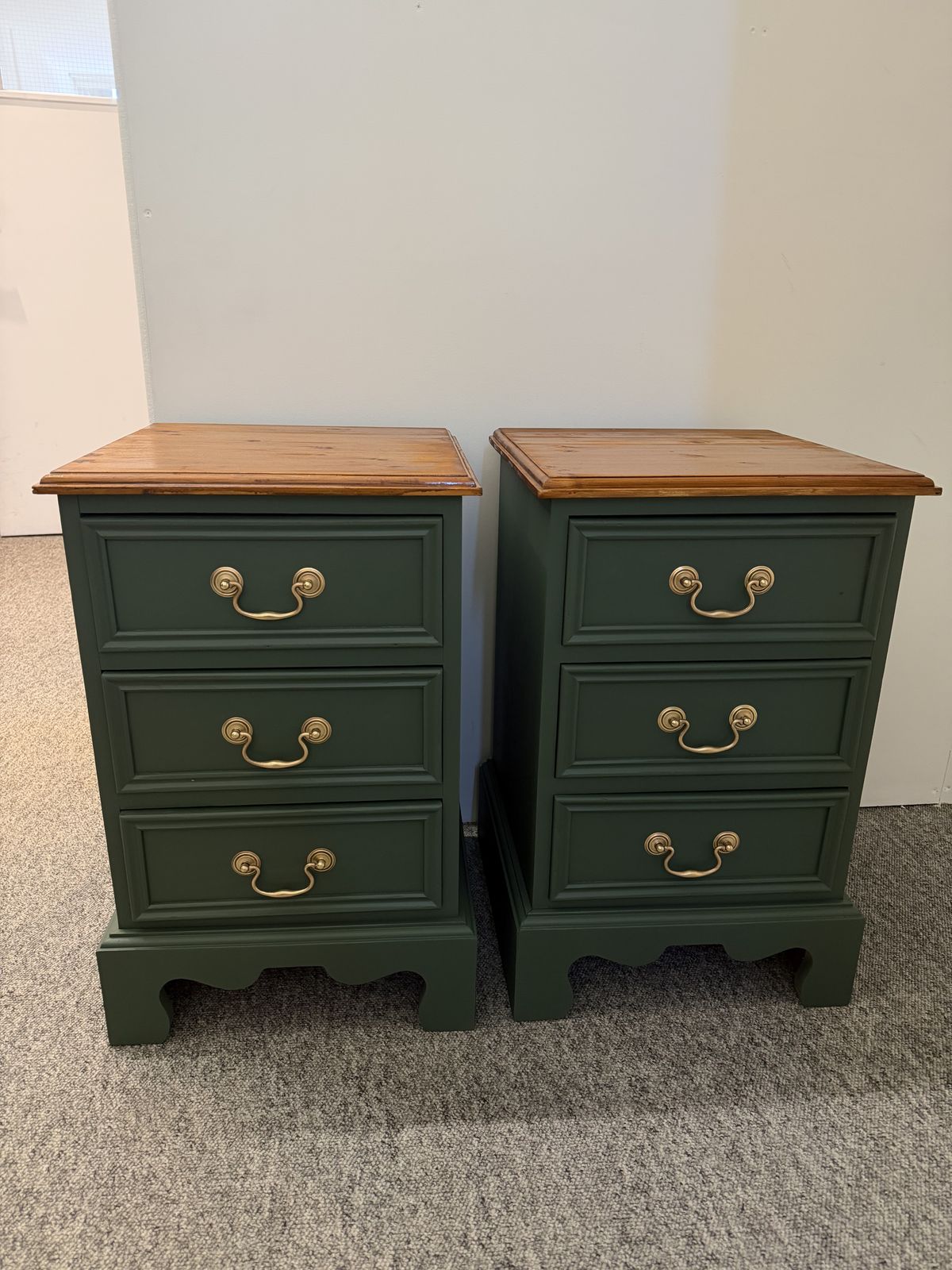 Antique Pine Bedside Tables (Pair) – Cottage Green & Walnut Top, C.1900s photo for sale
