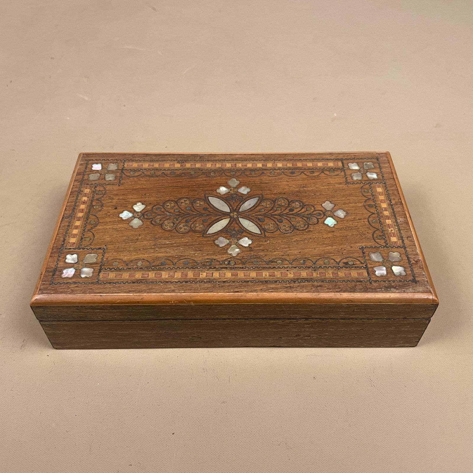 Wooden Rectangle Marquetry Inlay Box Trinket Jewellery Lidded Top Lid Patterned Pattern Handmade Table Top Wood Detailed Ornate Pattern photo furniture