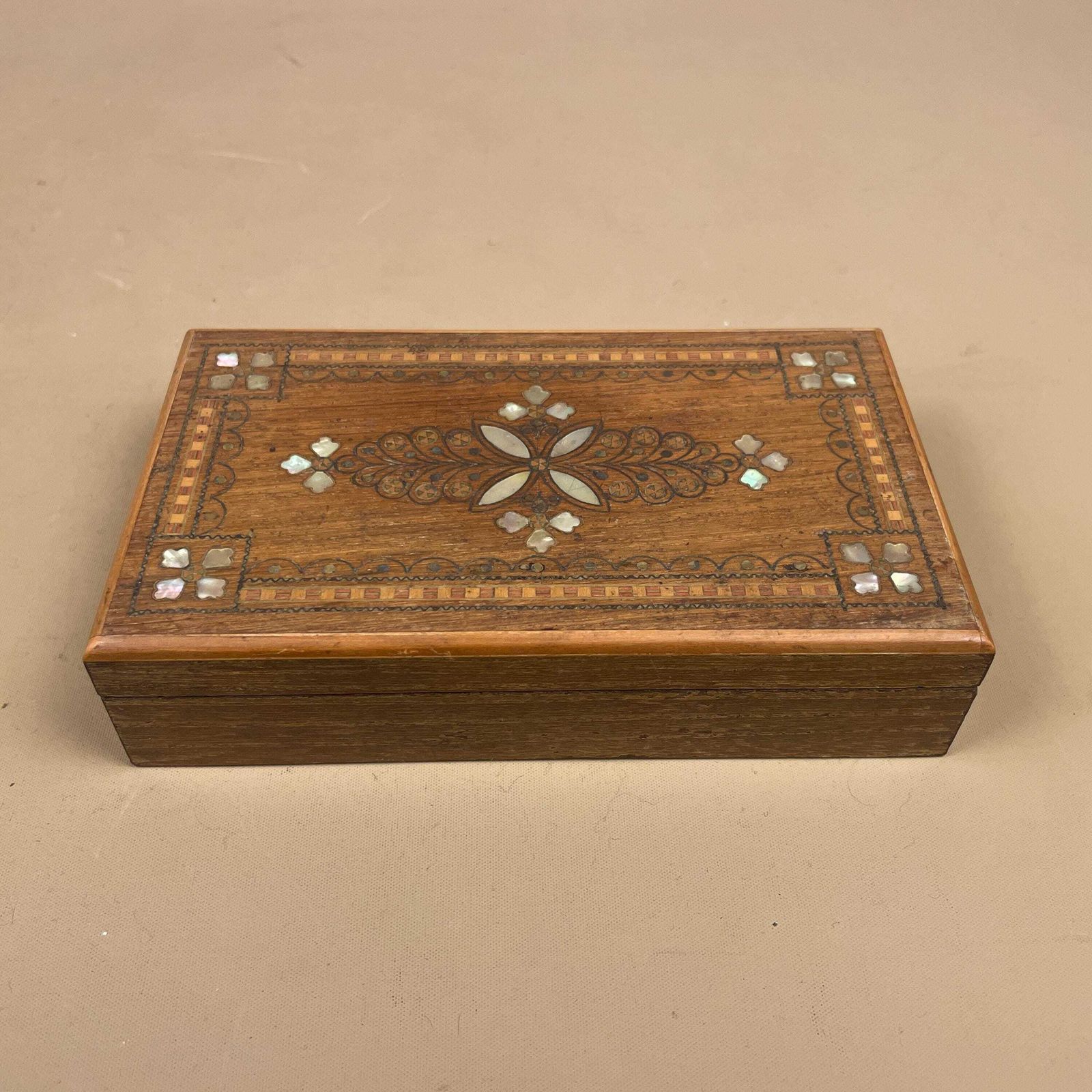 Wooden Rectangle Marquetry Inlay Box Trinket Jewellery Lidded Top Lid Patterned Pattern Handmade Table Top Wood Detailed Ornate Pattern photo vinterior
