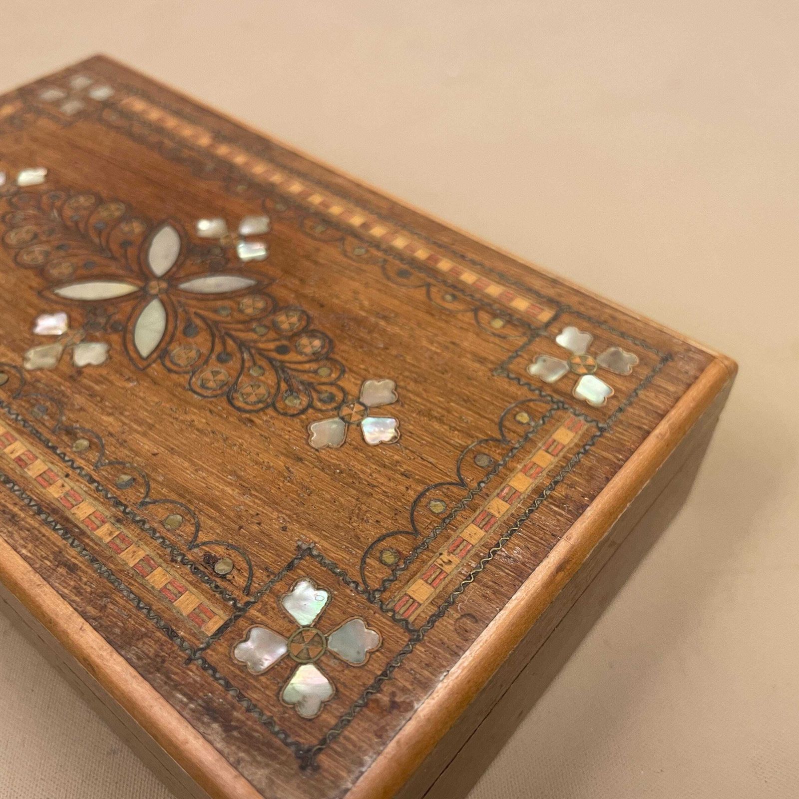 photo furniture Wooden Rectangle Marquetry Inlay Box Trinket Jewellery Lidded Top Lid Patterned Pattern Handmade Table Top Wood Detailed Ornate Pattern