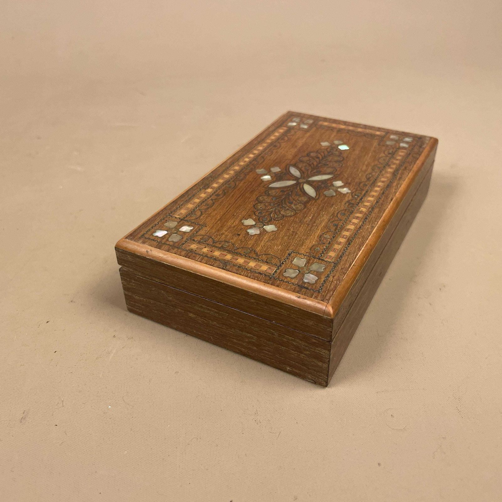 photo for sale Wooden Rectangle Marquetry Inlay Box Trinket Jewellery Lidded Top Lid Patterned Pattern Handmade Table Top Wood Detailed Ornate Pattern