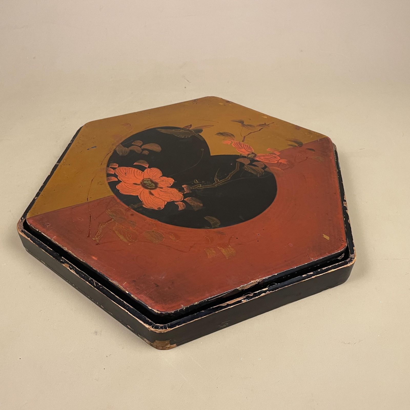 photo for sale Antique Chinese Wooden Red Lacquer Box Hand Painted Oriental Decorative Storage Box Asian Art Collectible Hexagon Lidded Lid