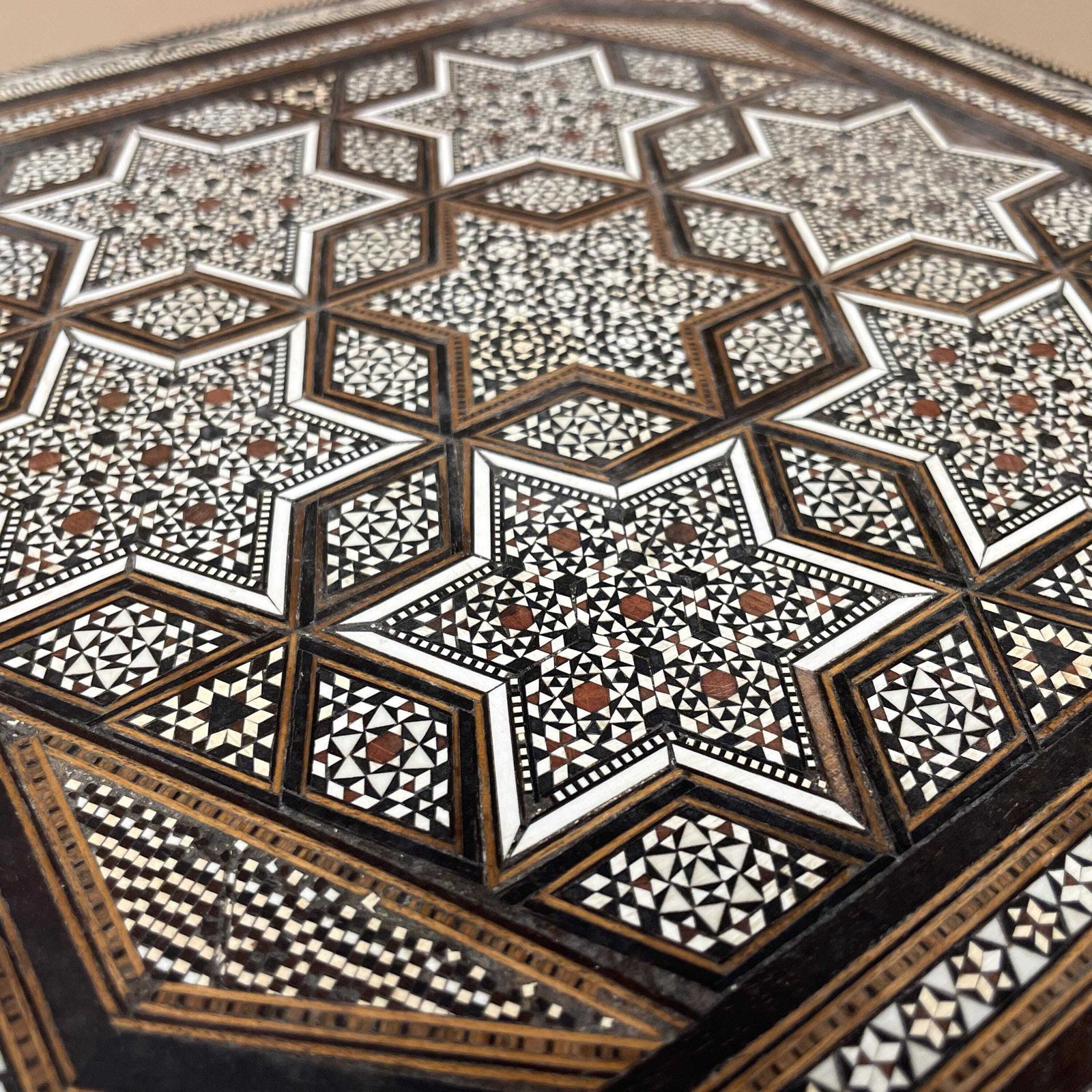 Wooden Hexagon Marquetry Inlay Box Trinket Jewellery Lidded Top Lid Patterned Pattern Handmade Table Top Wood Key Lock Geometric Pattern photo for sale