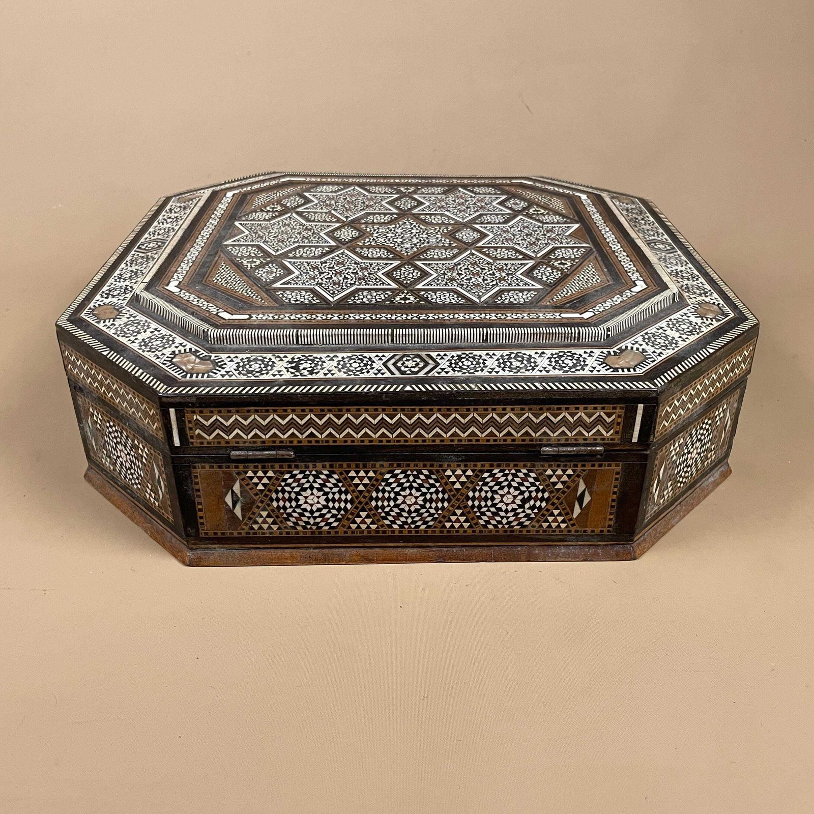 photo for sale Wooden Hexagon Marquetry Inlay Box Trinket Jewellery Lidded Top Lid Patterned Pattern Handmade Table Top Wood Key Lock Geometric Pattern