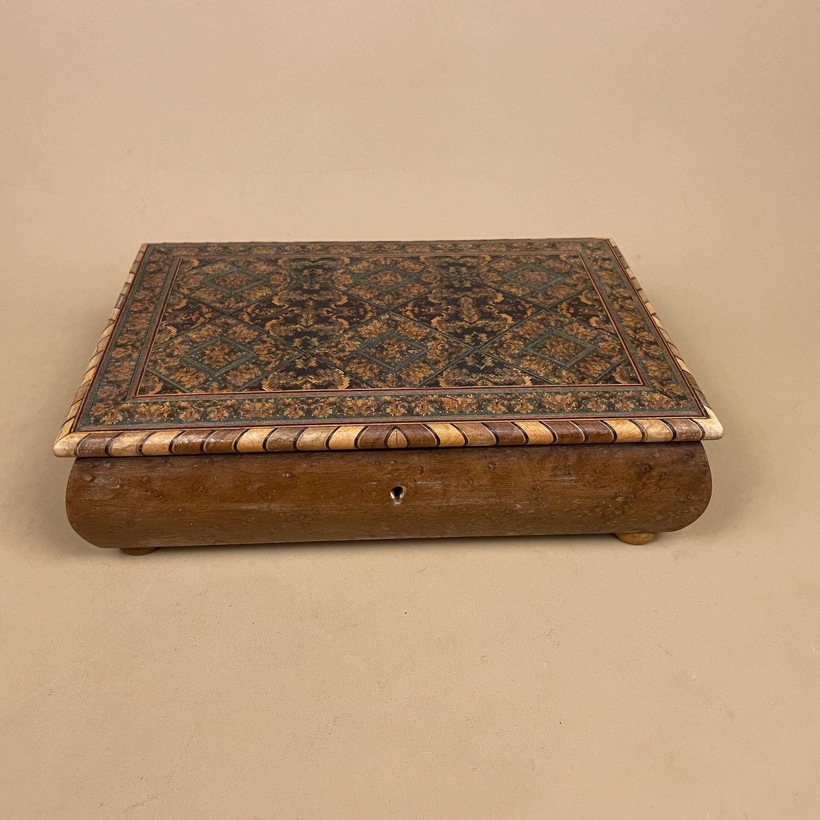 Wooden Rectangle Marquetry Inlay Box Trinket Jewellery Lidded Top Lid Patterned Pattern Handmade Table Top Wood Detailed Geometric Pattern photo furniture
