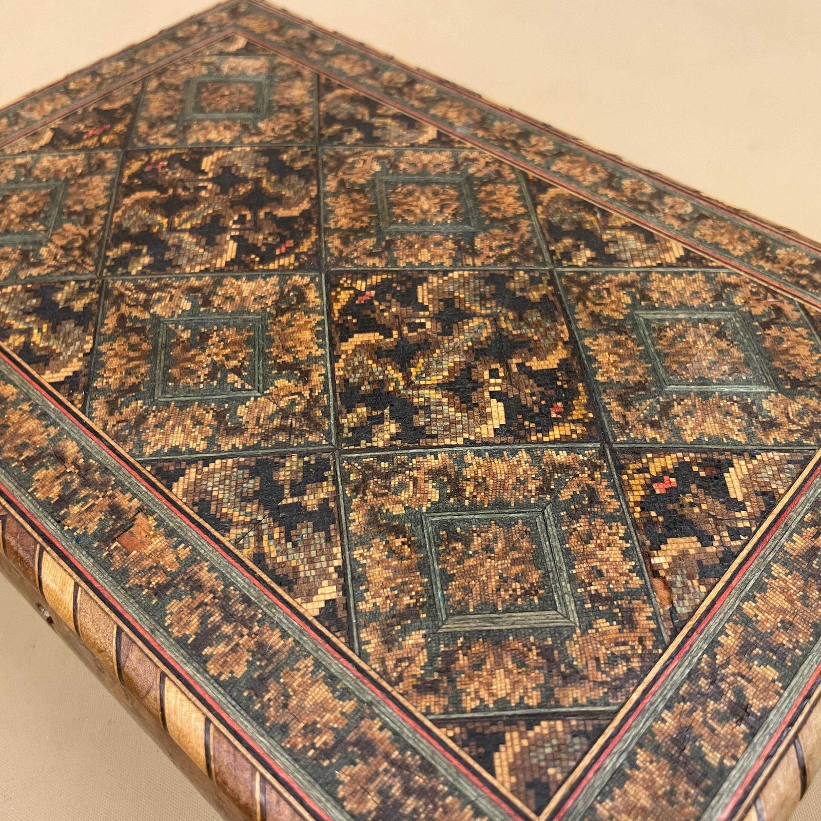 photo furniture Wooden Rectangle Marquetry Inlay Box Trinket Jewellery Lidded Top Lid Patterned Pattern Handmade Table Top Wood Detailed Geometric Pattern